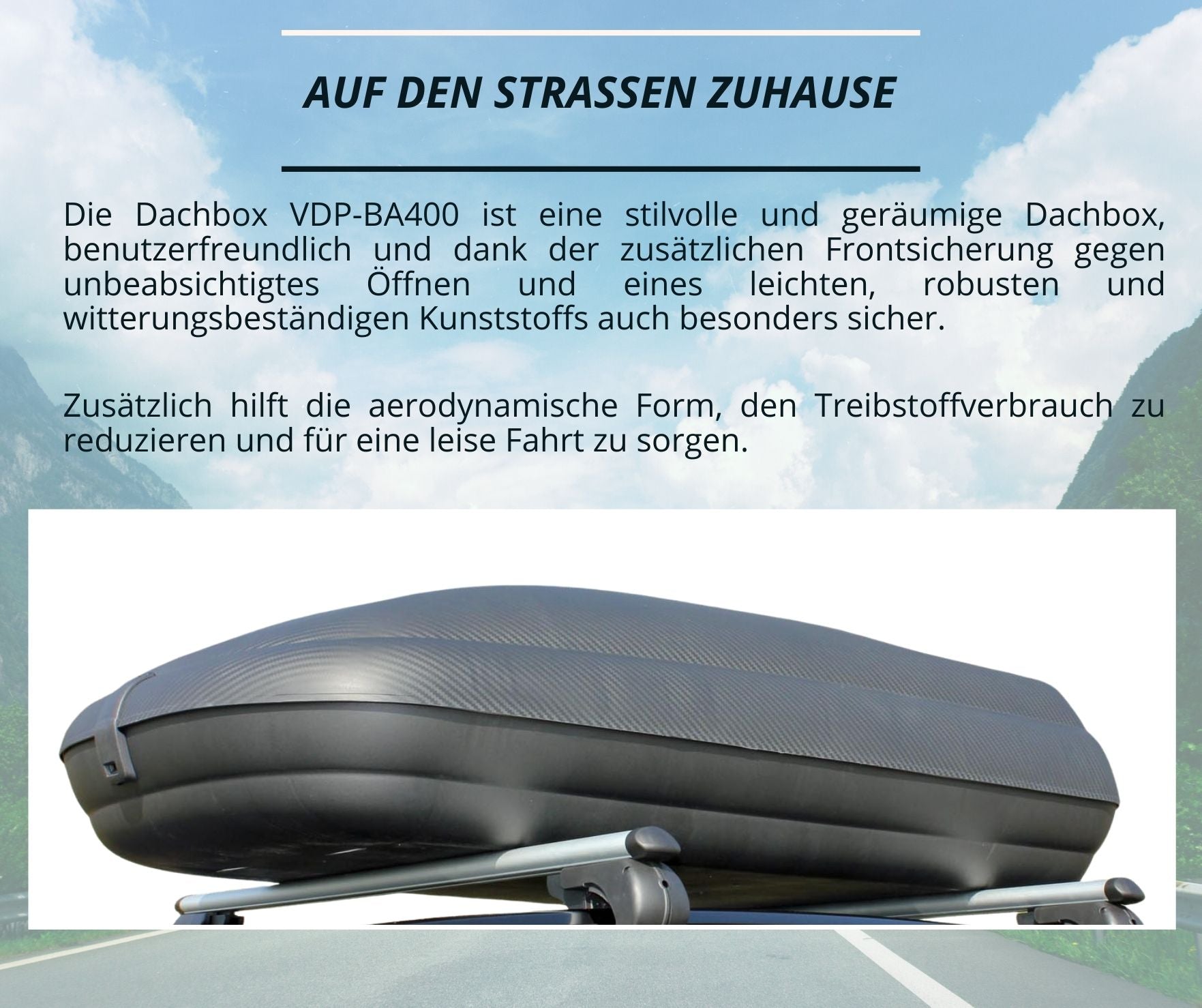 Dachbox VDP-BA400 - Dachkoffer mit 400 Liter Volumen - Autokoffer im Carbonlook - abschließbar dank Zentralverriegelung - Dachkoffer für Dachgepäckträger