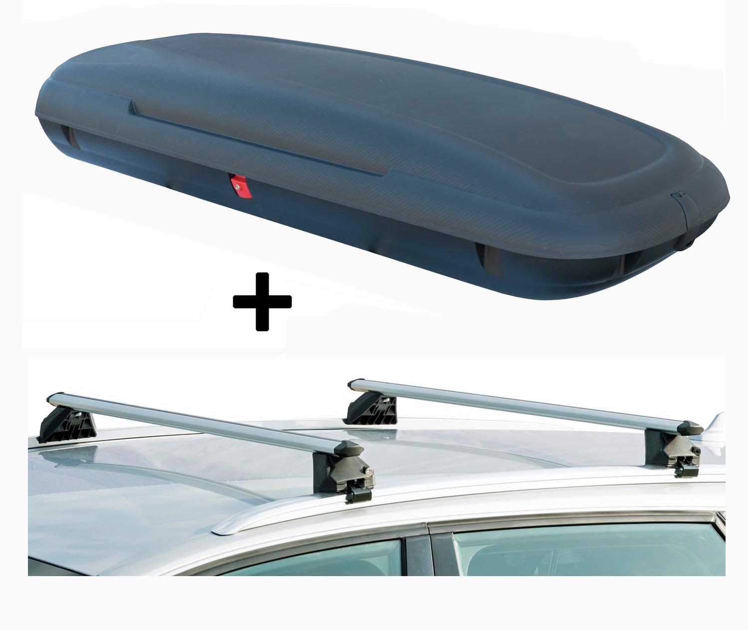 Dachbox VDPCA480 480Ltr carbonlook + Dachträger CRV107A kompatibel mit Hyundai Tucson (5 Türer) ab 2015