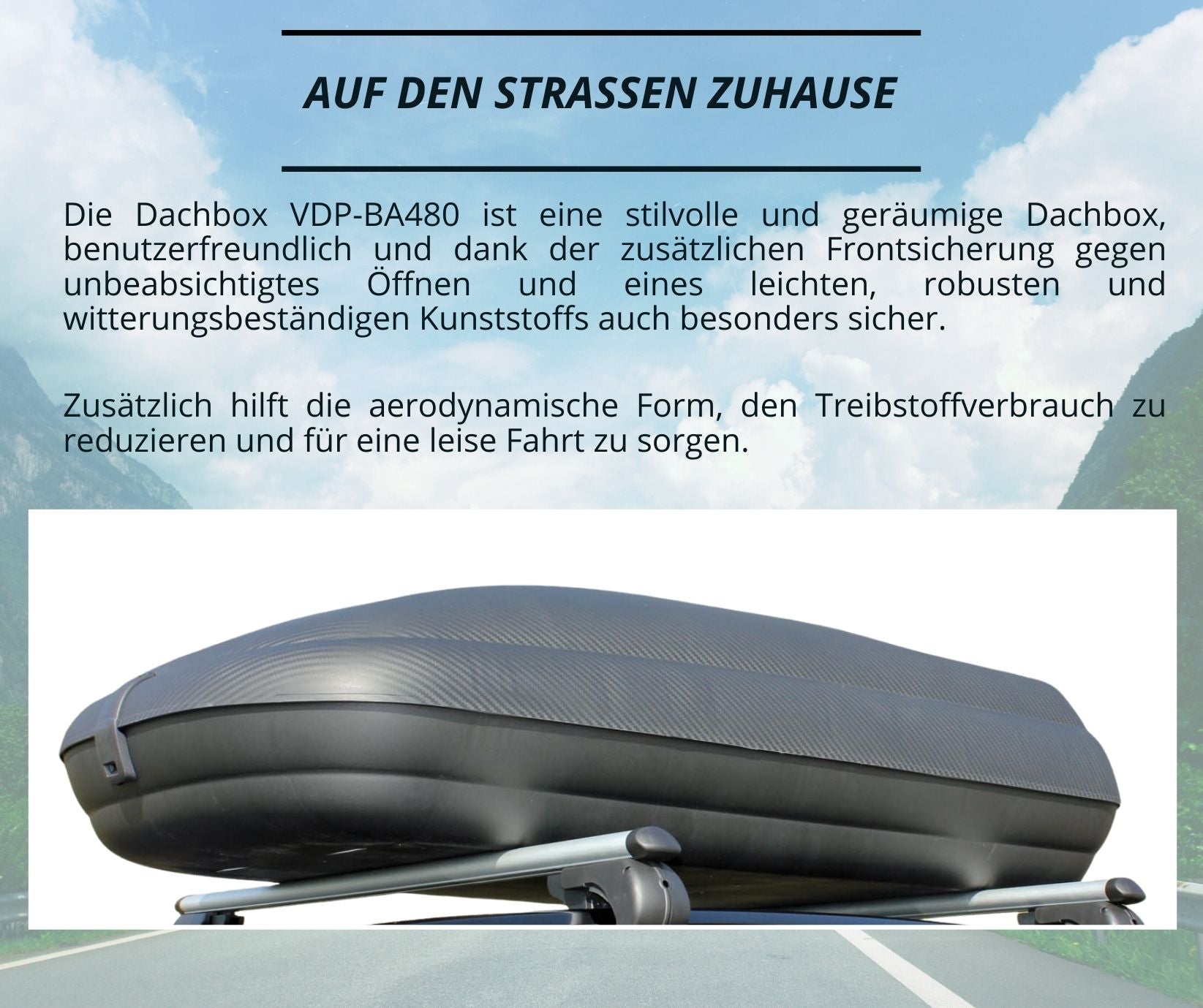 Dachbox VDP-BA480 - Dachkoffer mit 480 Liter Volumen - Autokoffer im Carbonlook - abschließbar dank Zentralverriegelung - Dachkoffer für Dachgepäckträger