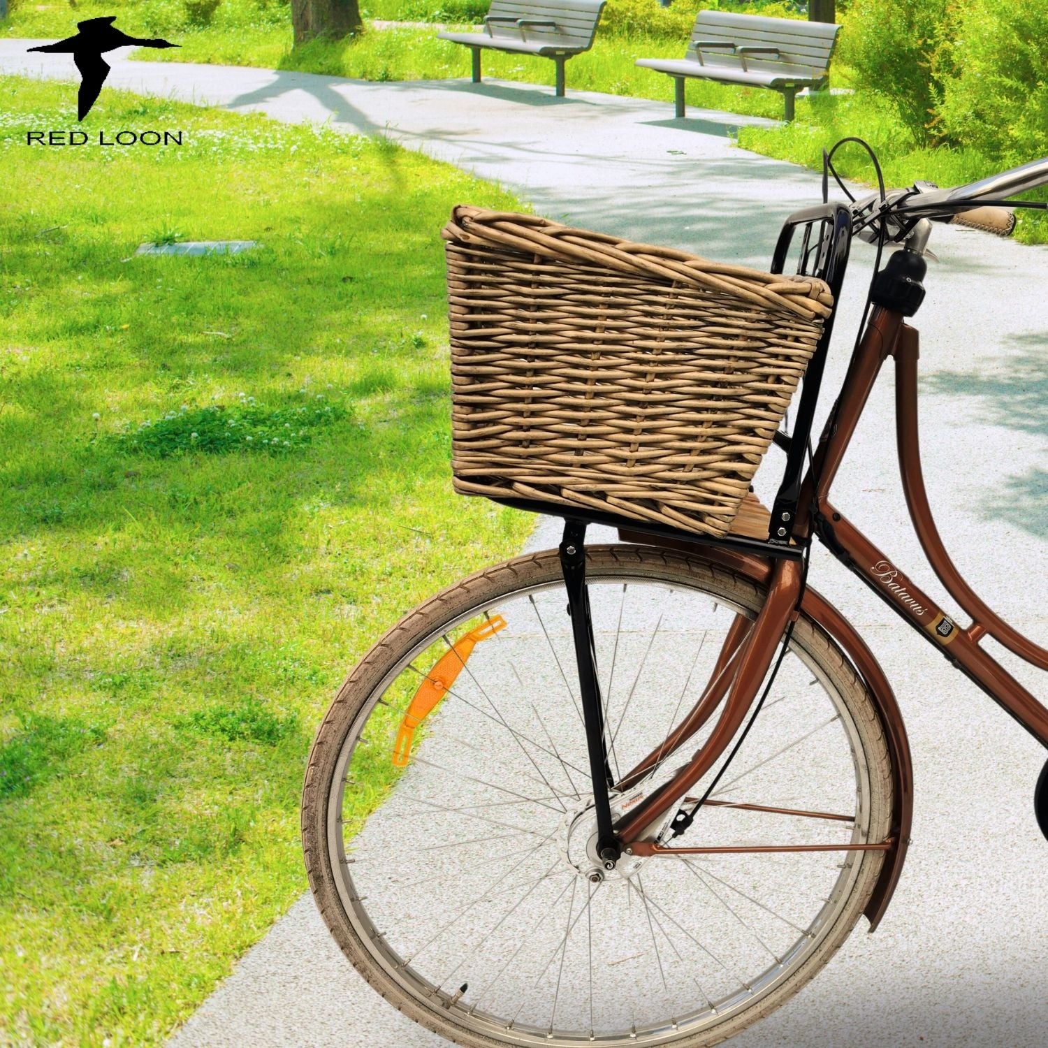 Frontgepäckträger Fahrrad + Fahrradkorb | Fahrrad Gepäckträger vorne | Gepäckträger Vorderrad | Fahrrad Gepäckhalter für Hollandrad | Front Loader | Red Loon | Rattankorb Gepäckträgerkorb