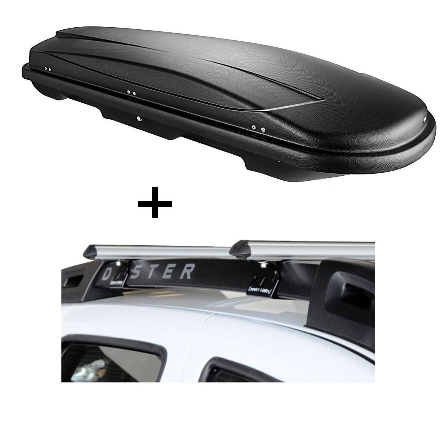 Dachbox VDPJUXT600 600Ltr abschließbar + Alu Relingträger Aurilis VDP kompatibel mit für Dacia Duster mit Reling 5 Türer 2014-2017