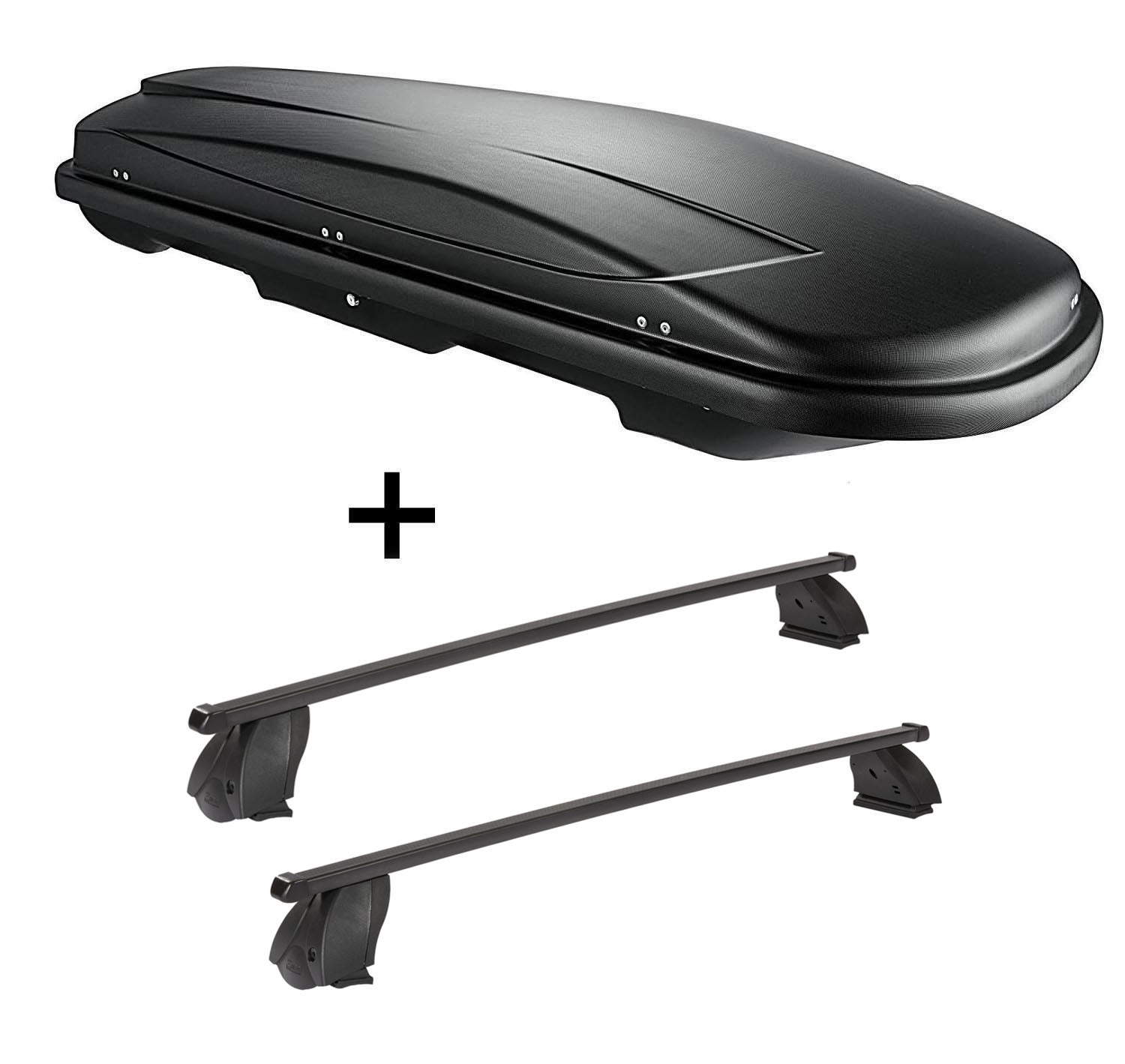 Dachbox VDPJUXT400 400 Liter schwarz abschließbar + Dachträger K1 MEDIUM kompatibel mit für Mercedes CLA Shooting Brake (X117) (5Türer) ab 15