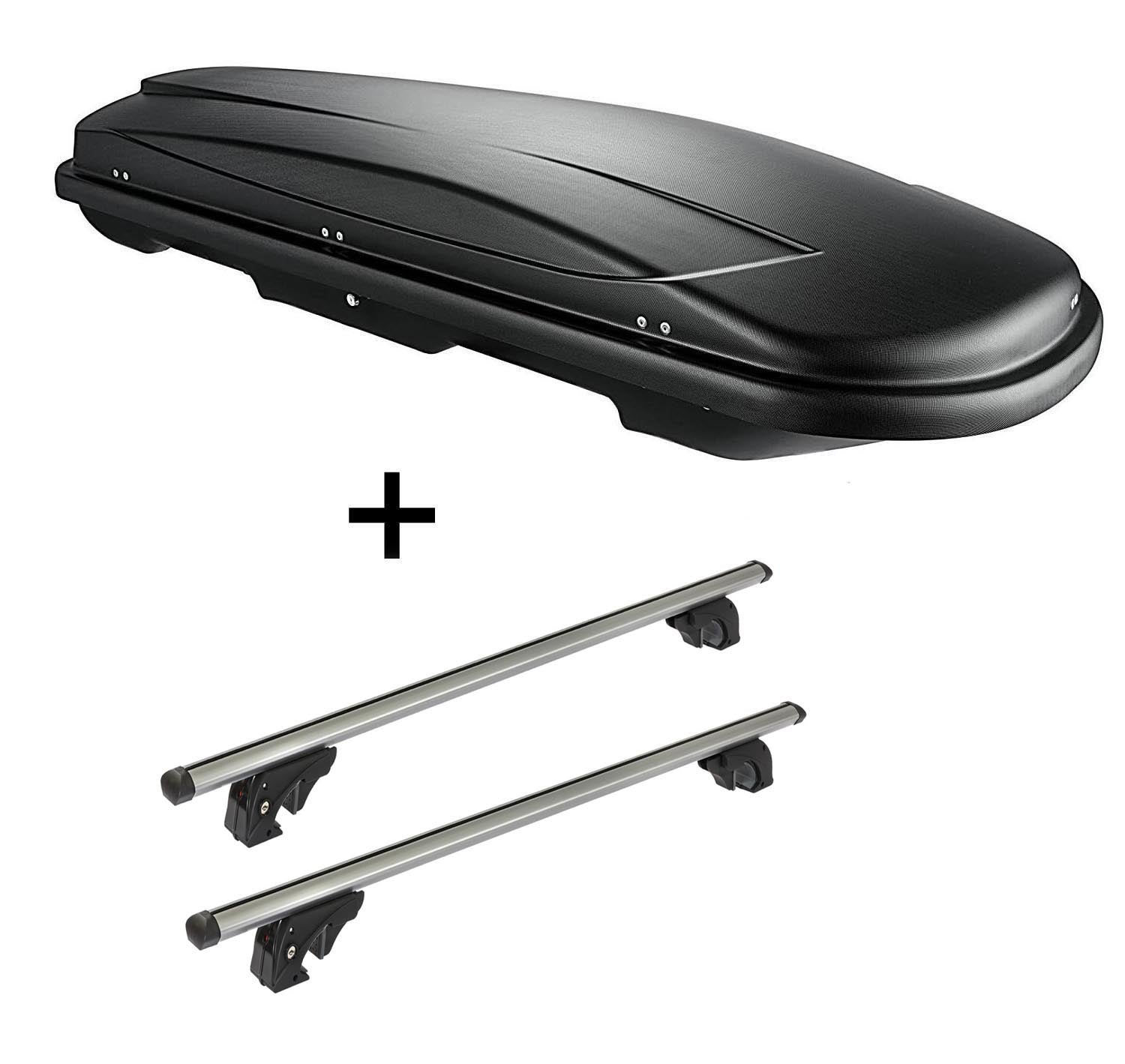 Dachbox VDPJUXT400 400Ltr schwarz abschließbar + Dachträger/Relingträger VDP LION1 kompatibel mit für Skoda Karoq (5 Türer) ab 18