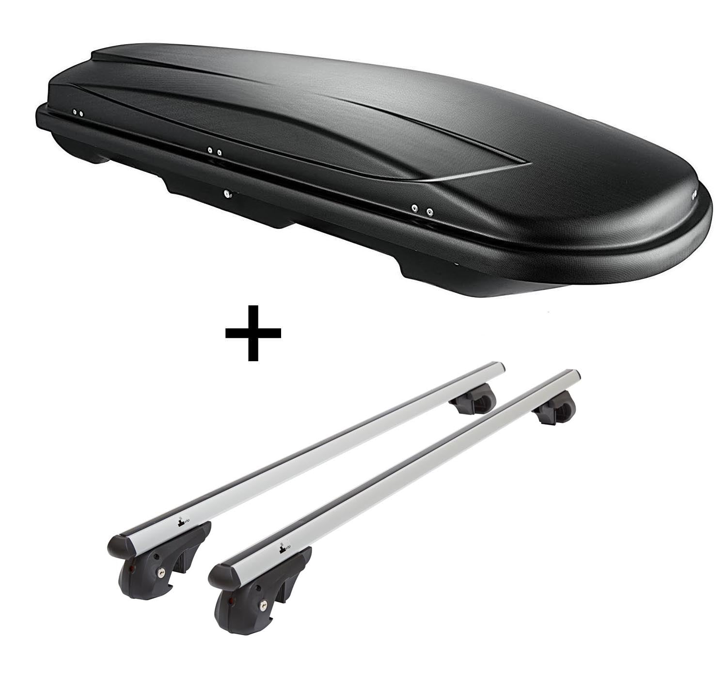 Dachbox VDPJUXT600 600Ltr abschließbar + Alu Relingträger VDP004XL kompatibel mit für VW Golf Sportsvan ab 14