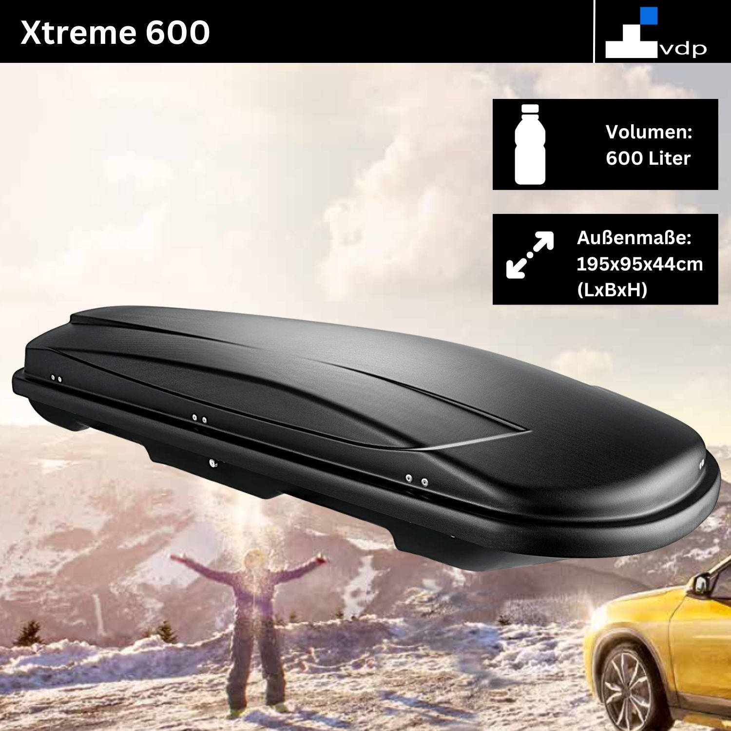 Skibox Ski Gepäckbox Dachbox Auto Dachkoffer - VDP Xtreme 600 - Volumen 600 Liter - Außenmaße: 195x95x44cm (LxBxH) - Ski und Snowboardbox - Autokoffer abschließbar