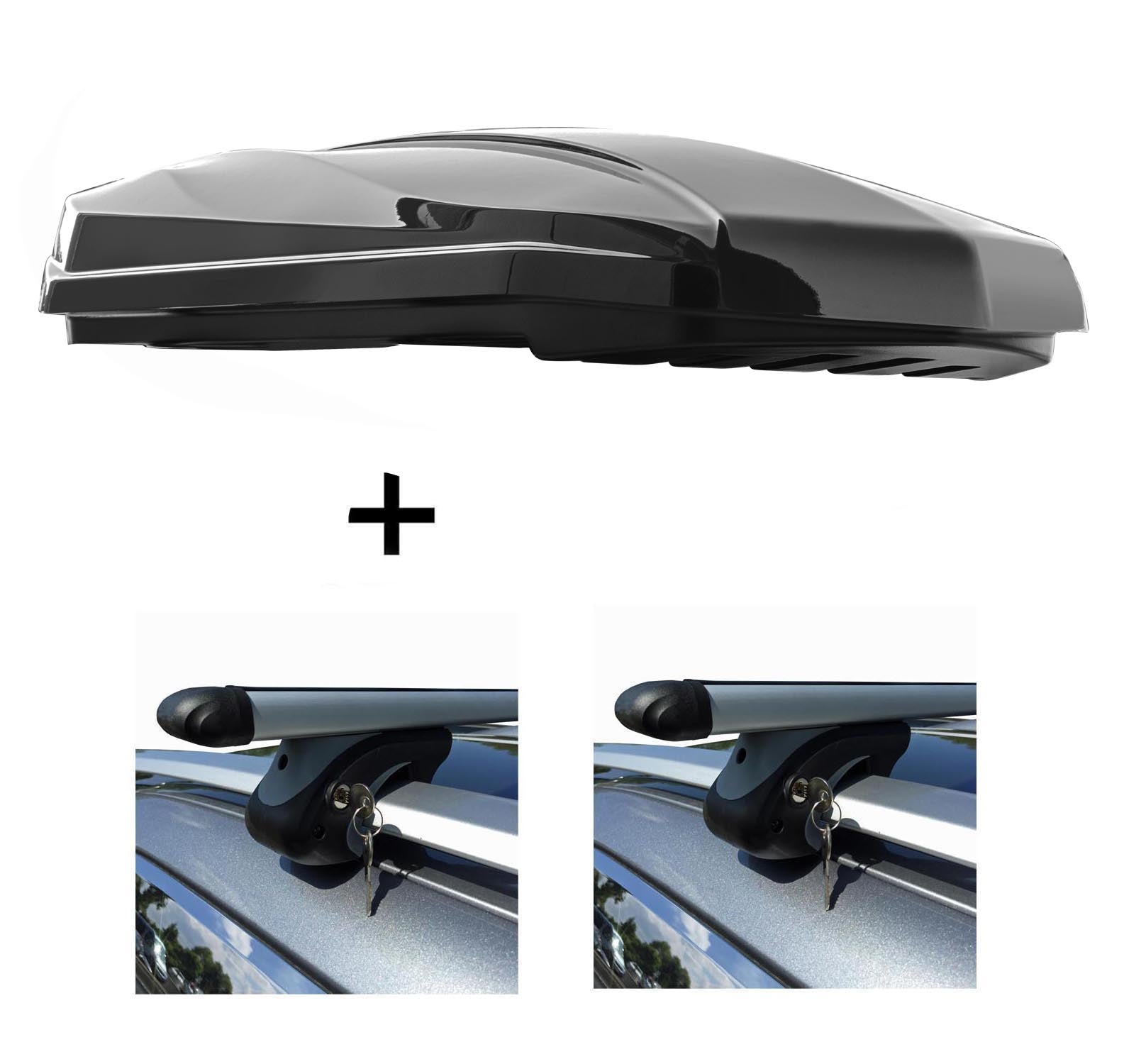 DACHBOX STRIKE 440 Liter schwarz hochglanz + Relingträger VDP XL 135 kompatibel mit für VW Tiguan II ab 16