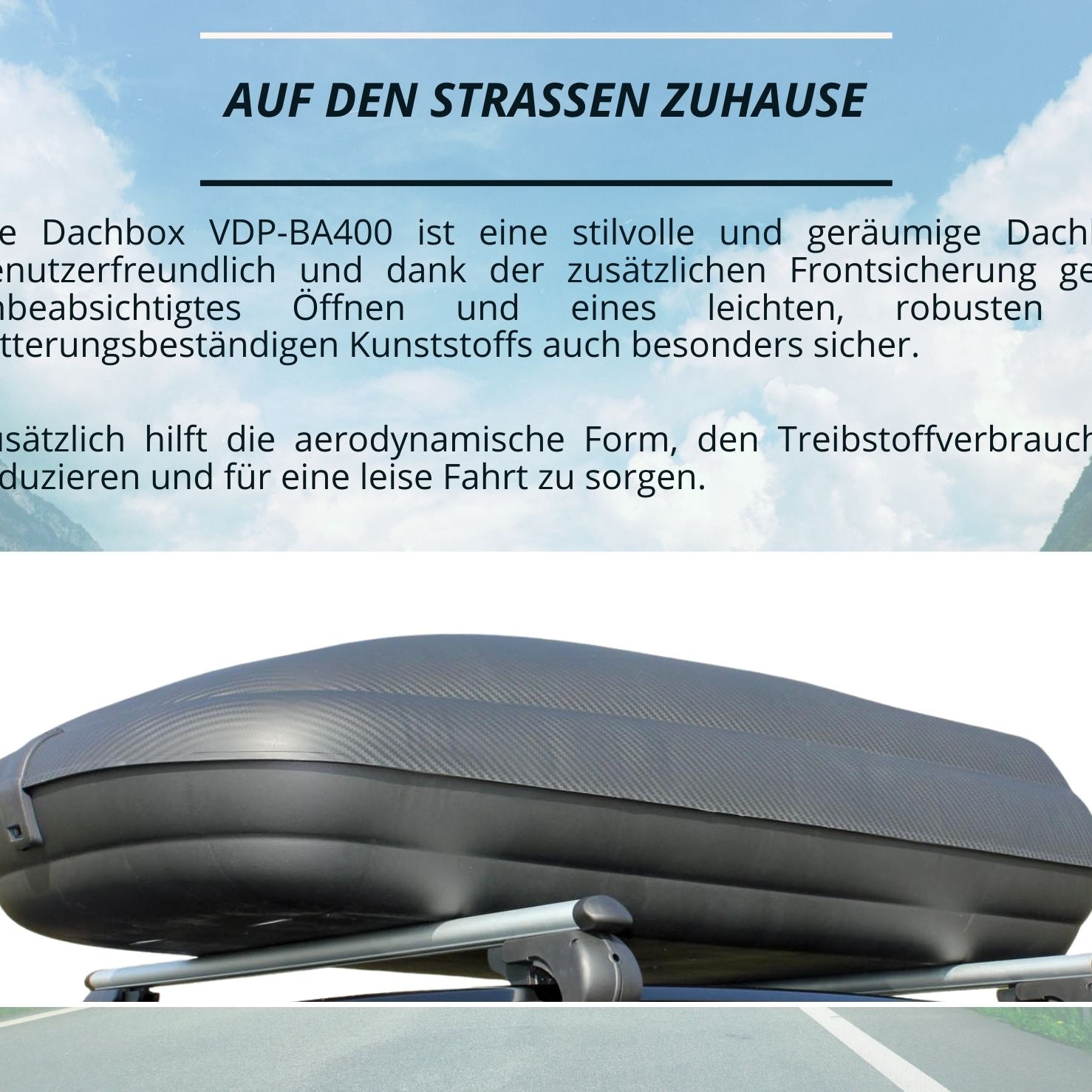 Dachbox VDP-BA400 - Dachkoffer mit 400 Liter Volumen - Autokoffer im Carbonlook - abschließbar dank Zentralverriegelung - Dachkoffer für Dachgepäckträger