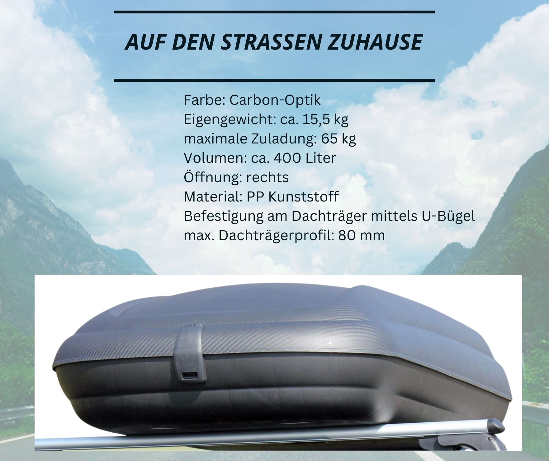 Dachbox VDP-BA400 - Dachkoffer mit 400 Liter Volumen - Autokoffer im Carbonlook - abschließbar dank Zentralverriegelung - Dachkoffer für Dachgepäckträger