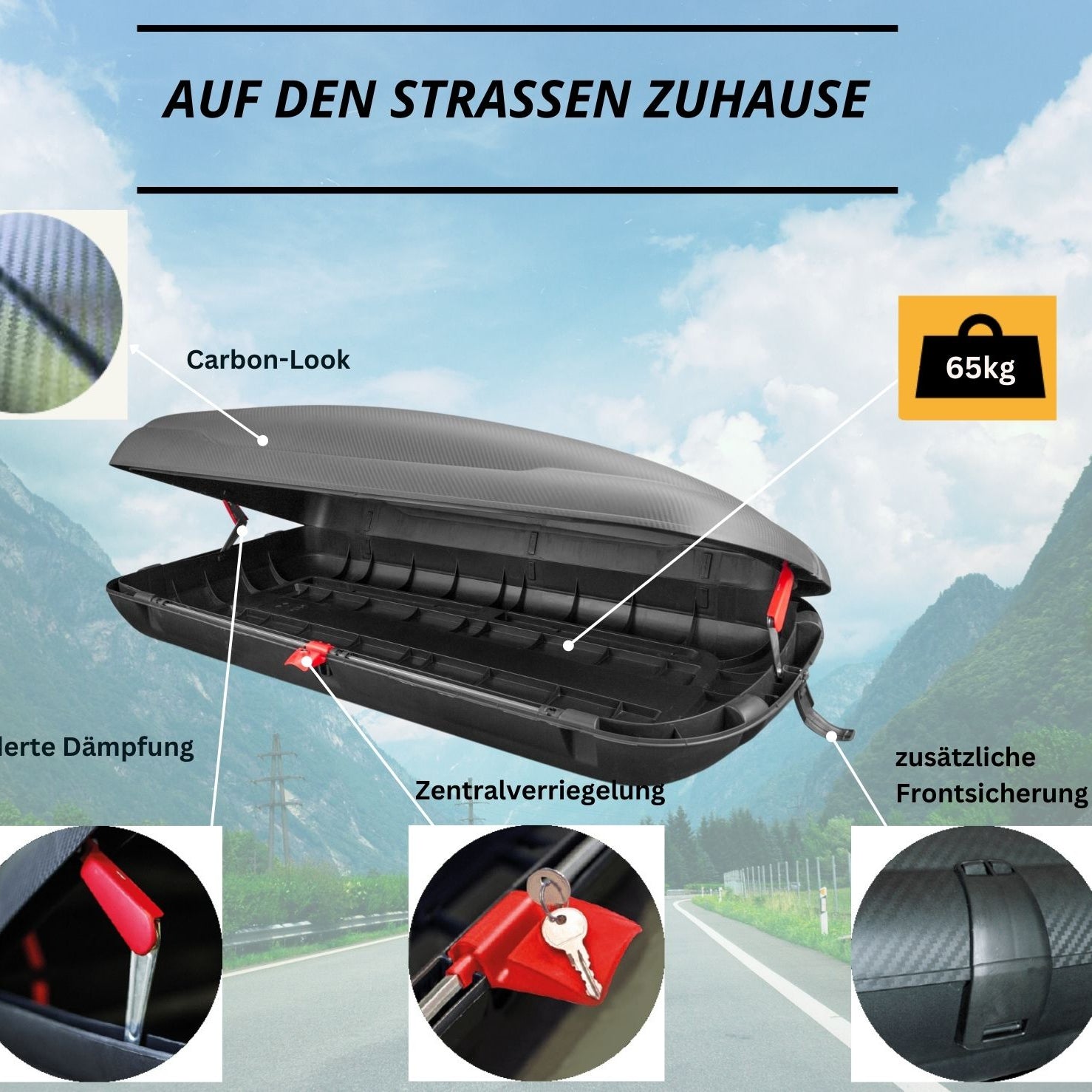 Dachbox VDP-BA400 - Dachkoffer mit 400 Liter Volumen - Autokoffer im Carbonlook - abschließbar dank Zentralverriegelung - Dachkoffer für Dachgepäckträger