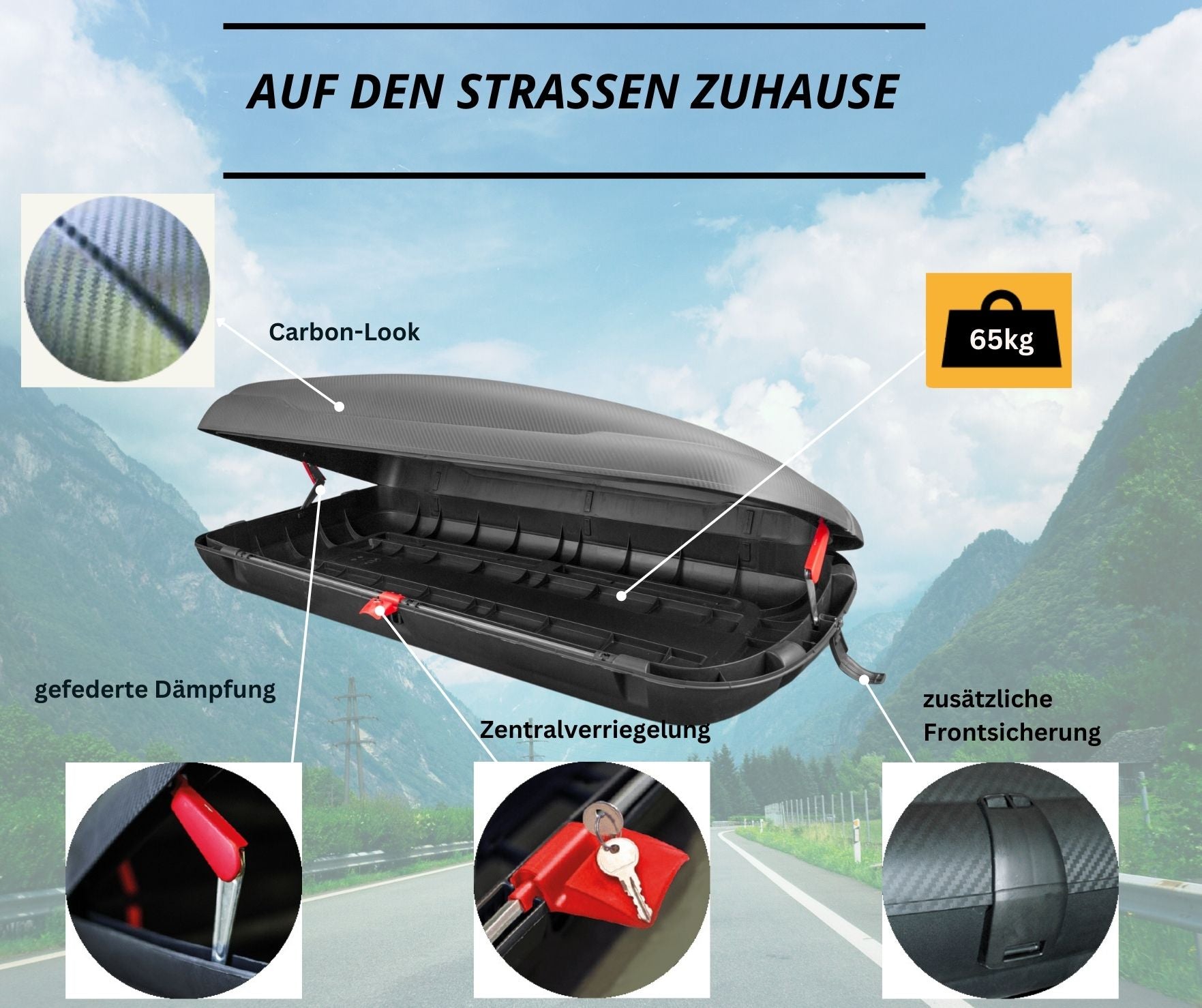 Dachbox VDP-BA400 - Dachkoffer mit 400 Liter Volumen - Autokoffer im Carbonlook - abschließbar dank Zentralverriegelung - Dachkoffer für Dachgepäckträger