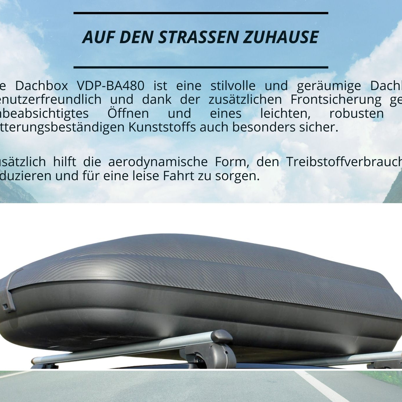 Dachbox VDP-BA480 - Dachkoffer mit 480 Liter Volumen - Autokoffer im Carbonlook - abschließbar dank Zentralverriegelung - Dachkoffer für Dachgepäckträger