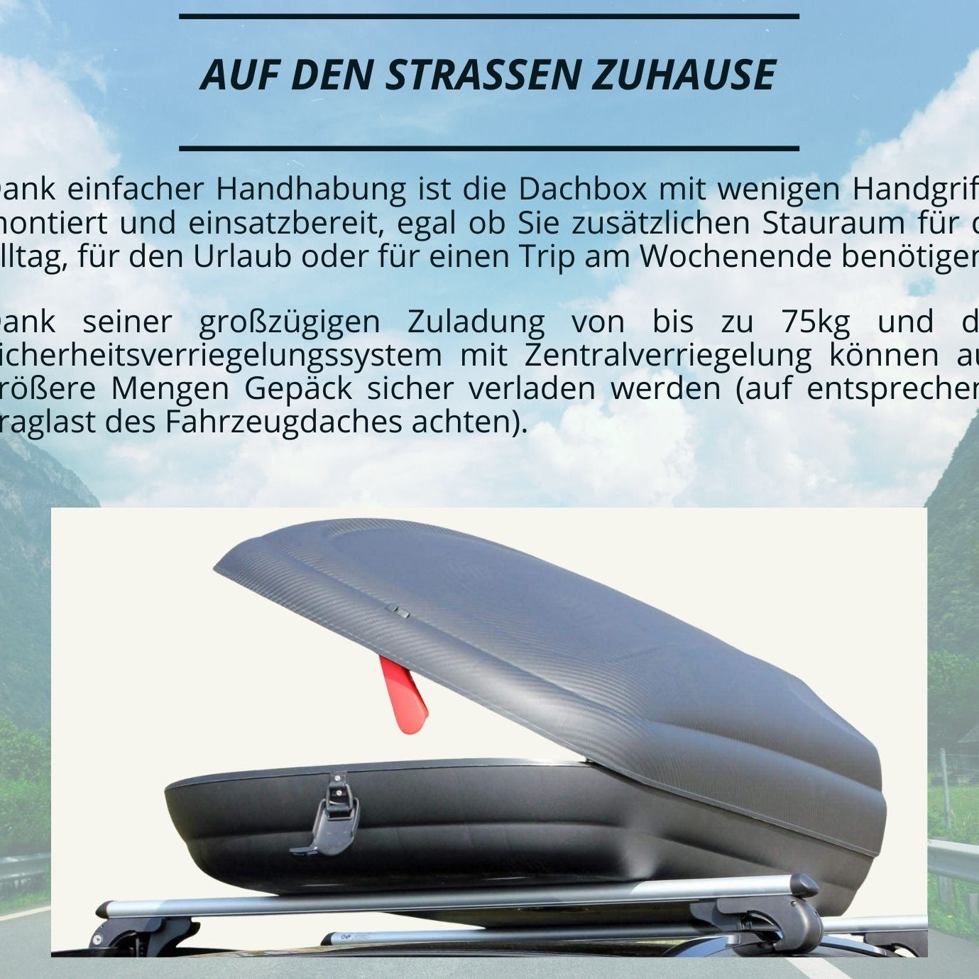 Dachbox VDP-BA480 - Dachkoffer mit 480 Liter Volumen - Autokoffer im Carbonlook - abschließbar dank Zentralverriegelung - Dachkoffer für Dachgepäckträger