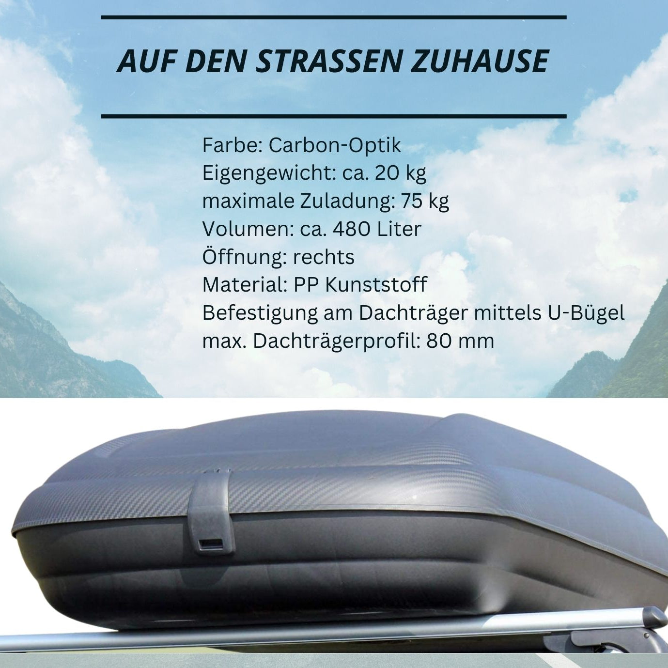 Dachbox VDP-BA480 - Dachkoffer mit 480 Liter Volumen - Autokoffer im Carbonlook - abschließbar dank Zentralverriegelung - Dachkoffer für Dachgepäckträger