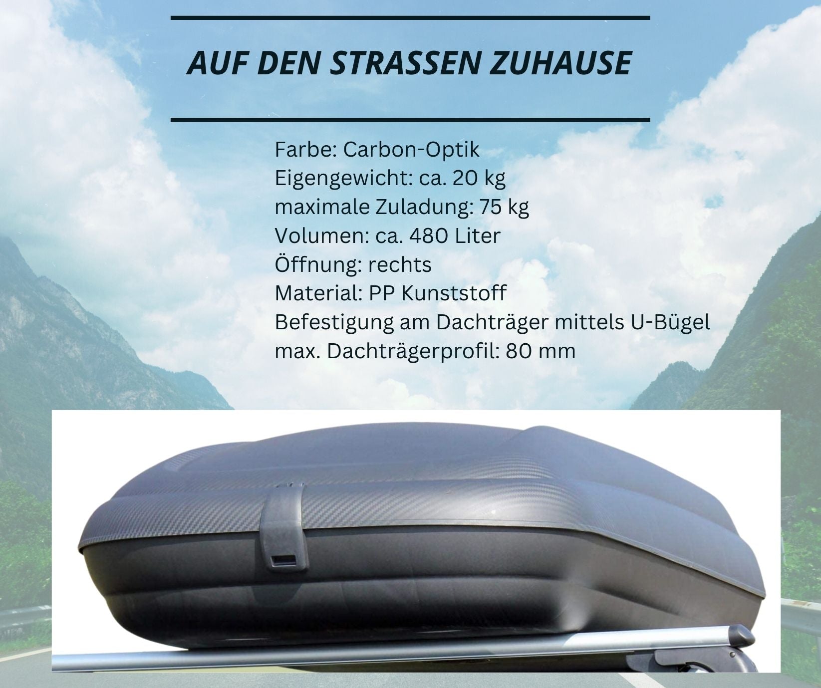 Dachbox VDP-BA480 - Dachkoffer mit 480 Liter Volumen - Autokoffer im Carbonlook - abschließbar dank Zentralverriegelung - Dachkoffer für Dachgepäckträger