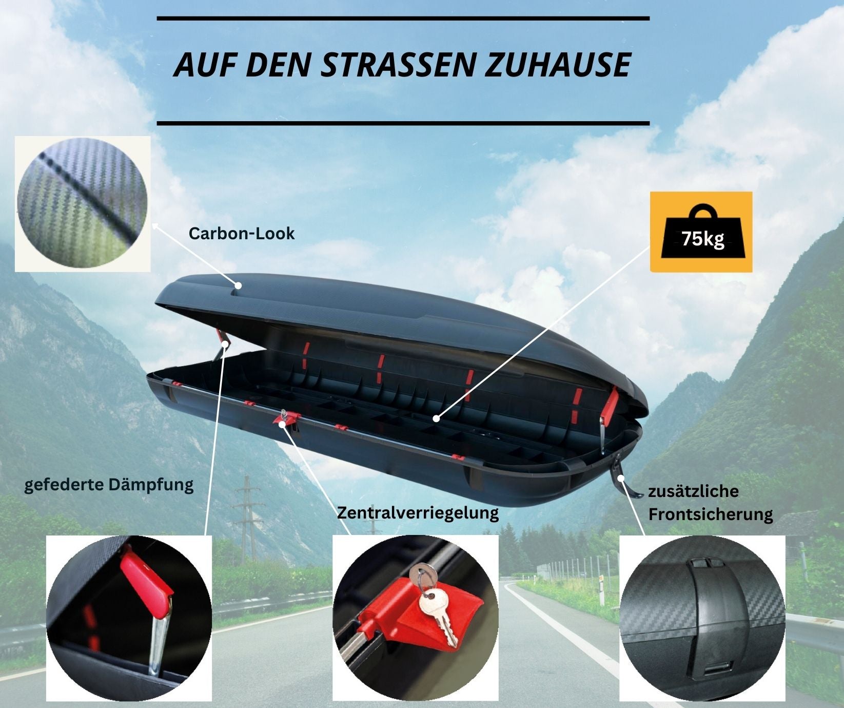 Dachbox VDP-BA480 - Dachkoffer mit 480 Liter Volumen - Autokoffer im Carbonlook - abschließbar dank Zentralverriegelung - Dachkoffer für Dachgepäckträger