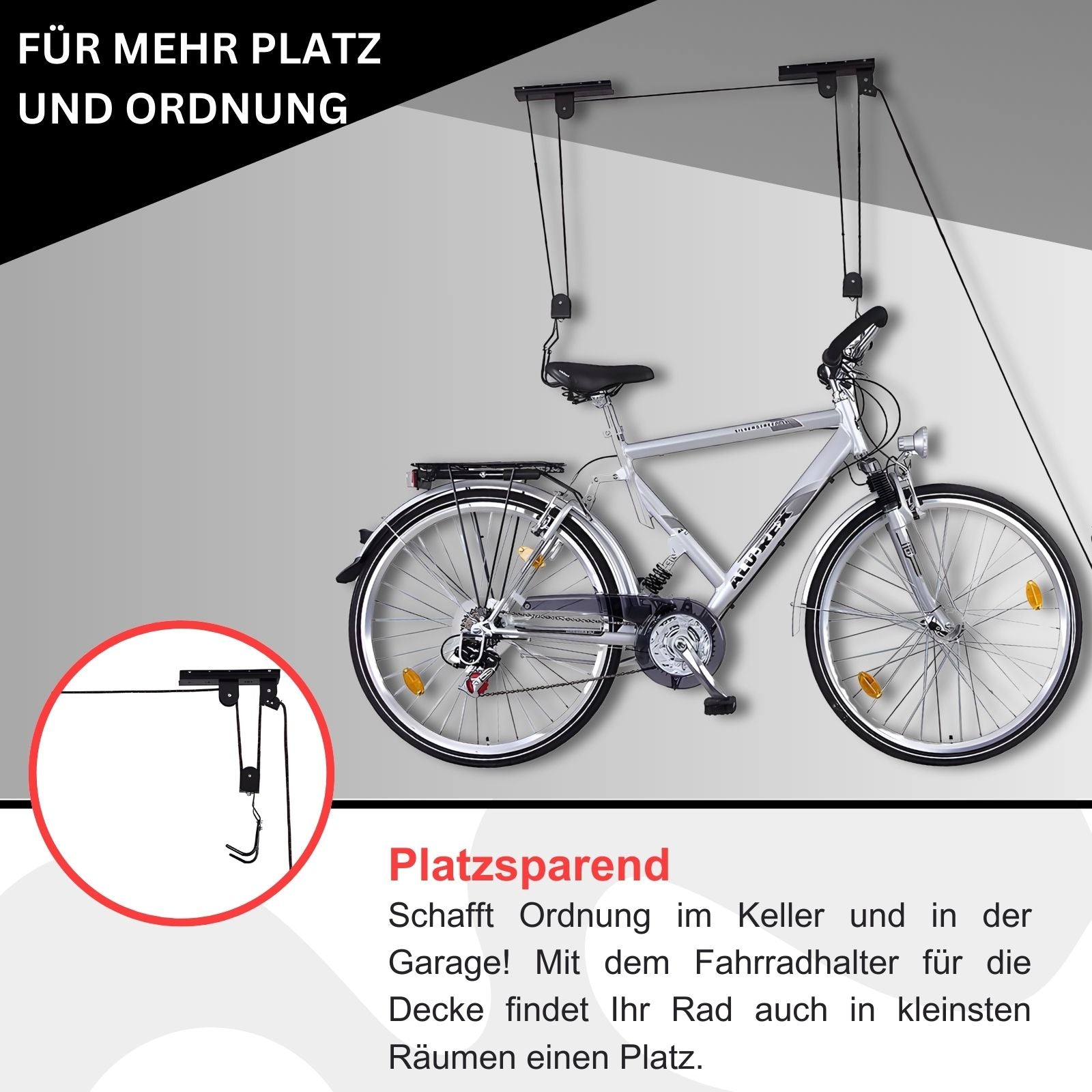 Fahrradlift XL E-Bike Lift Deckenlift Fahrradaufzug Fahrrad Deckenhalter bis 57kg
