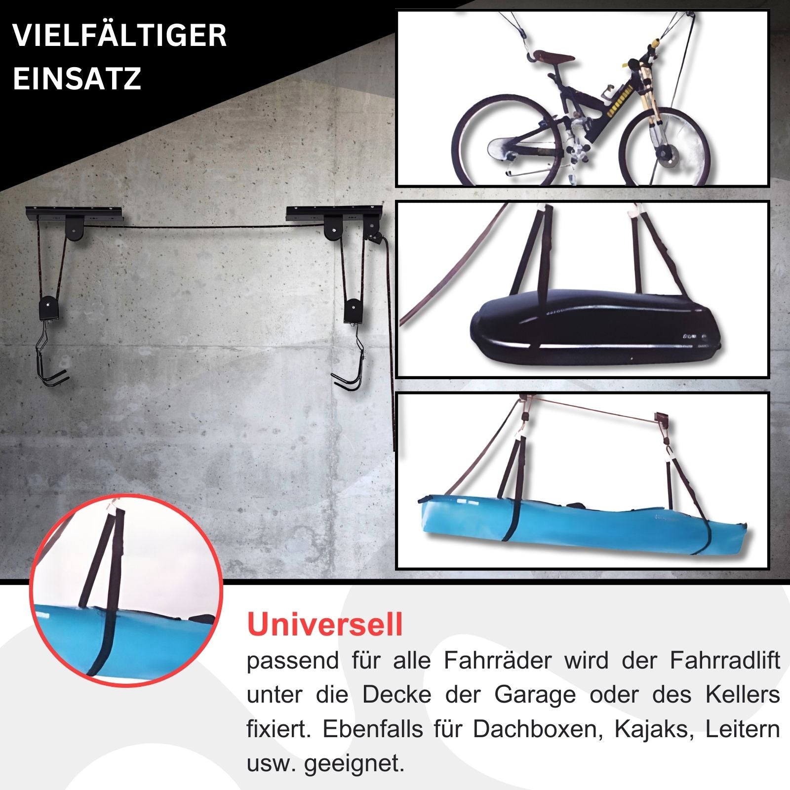 Fahrradlift XL E-Bike Lift Deckenlift Fahrradaufzug Fahrrad Deckenhalter bis 57kg