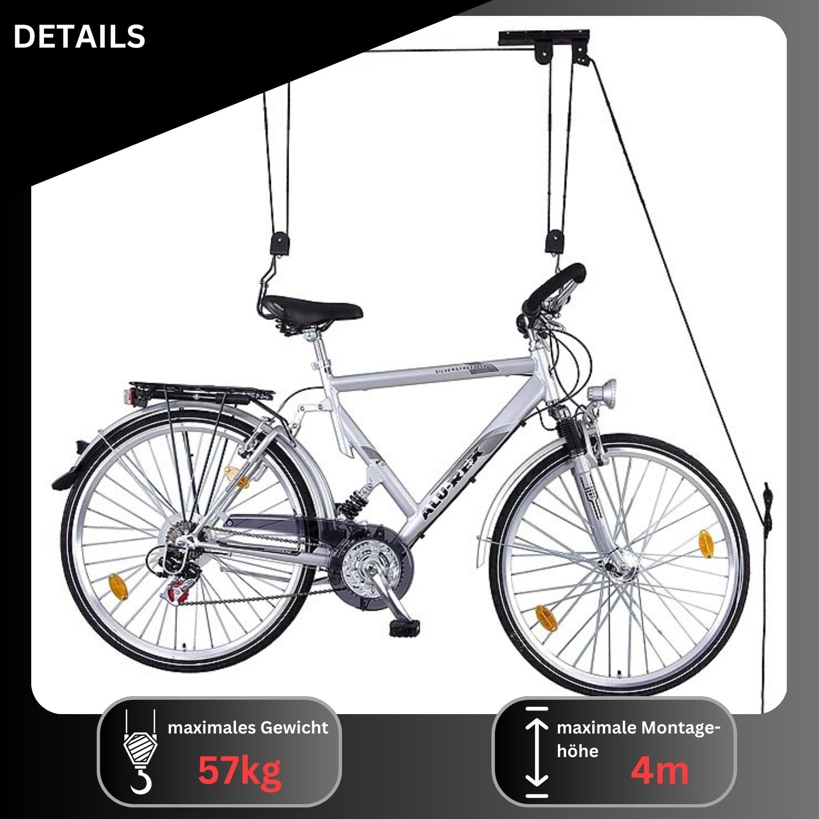 Fahrradlift XL E-Bike Lift Deckenlift Fahrradaufzug Fahrrad Deckenhalter bis 57kg