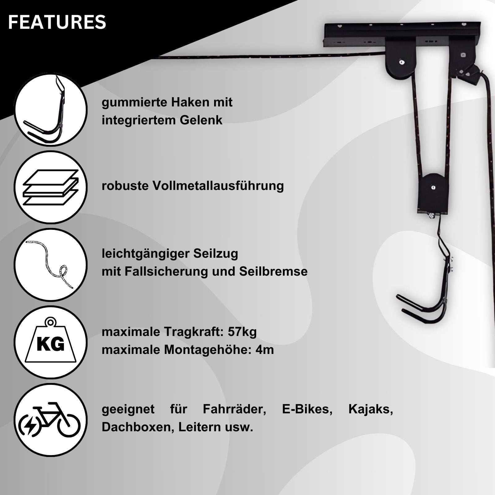 Fahrradlift XL E-Bike Lift Deckenlift Fahrradaufzug Fahrrad Deckenhalter bis 57kg