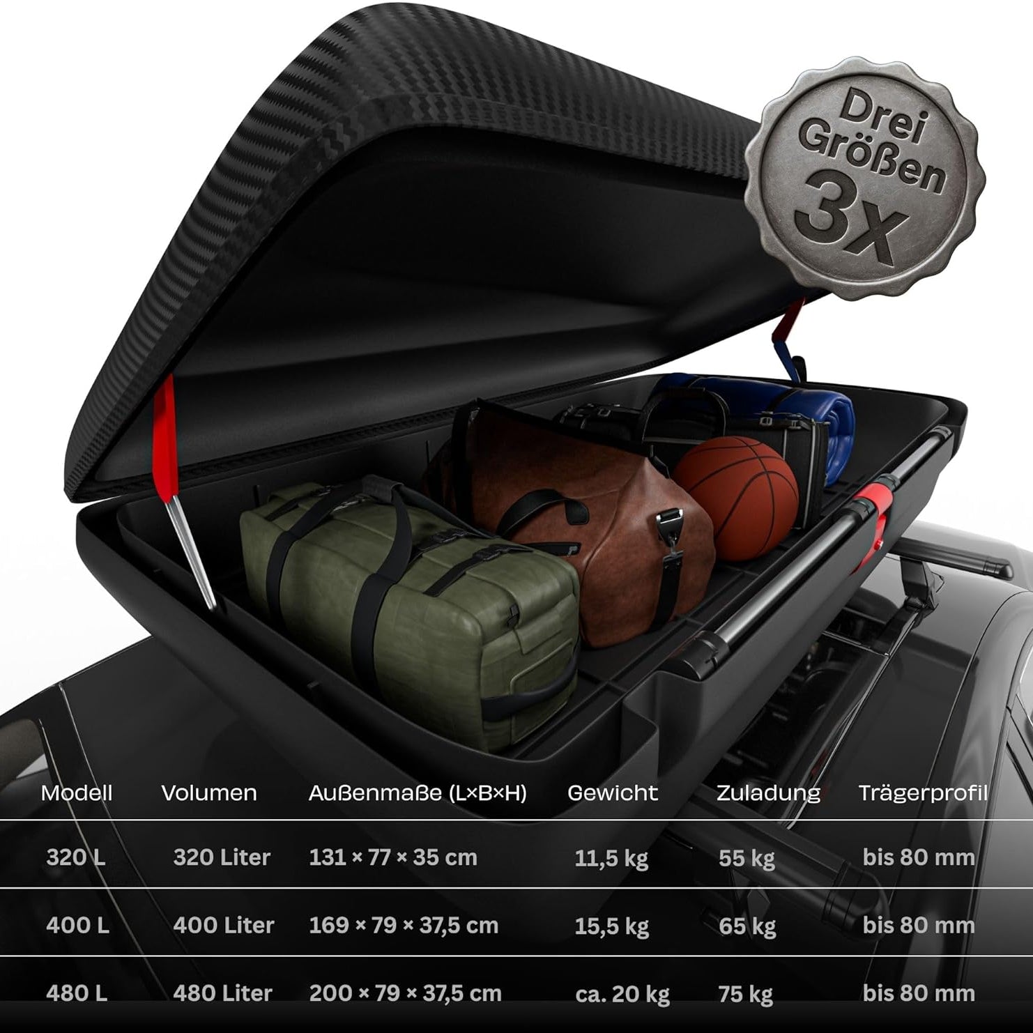 Dachbox VDPCA480 480Ltr carbonlook + Dachträger RAPID kompatibel mit für VW Touran I (1T) (5Türer) 03-14