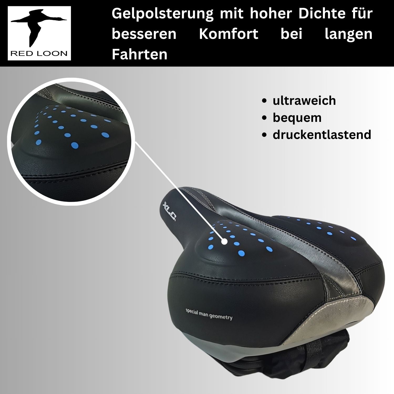 Fahrradsattel Sattel Radsattel Gelsattel - Red Loon Globetrotter - Citybike Gel Fahrradsitz stoßdämpfend - 245x225mm - mit wasserdichter Abdeckung - komfortabel weich bequem - für Herren oder Damen