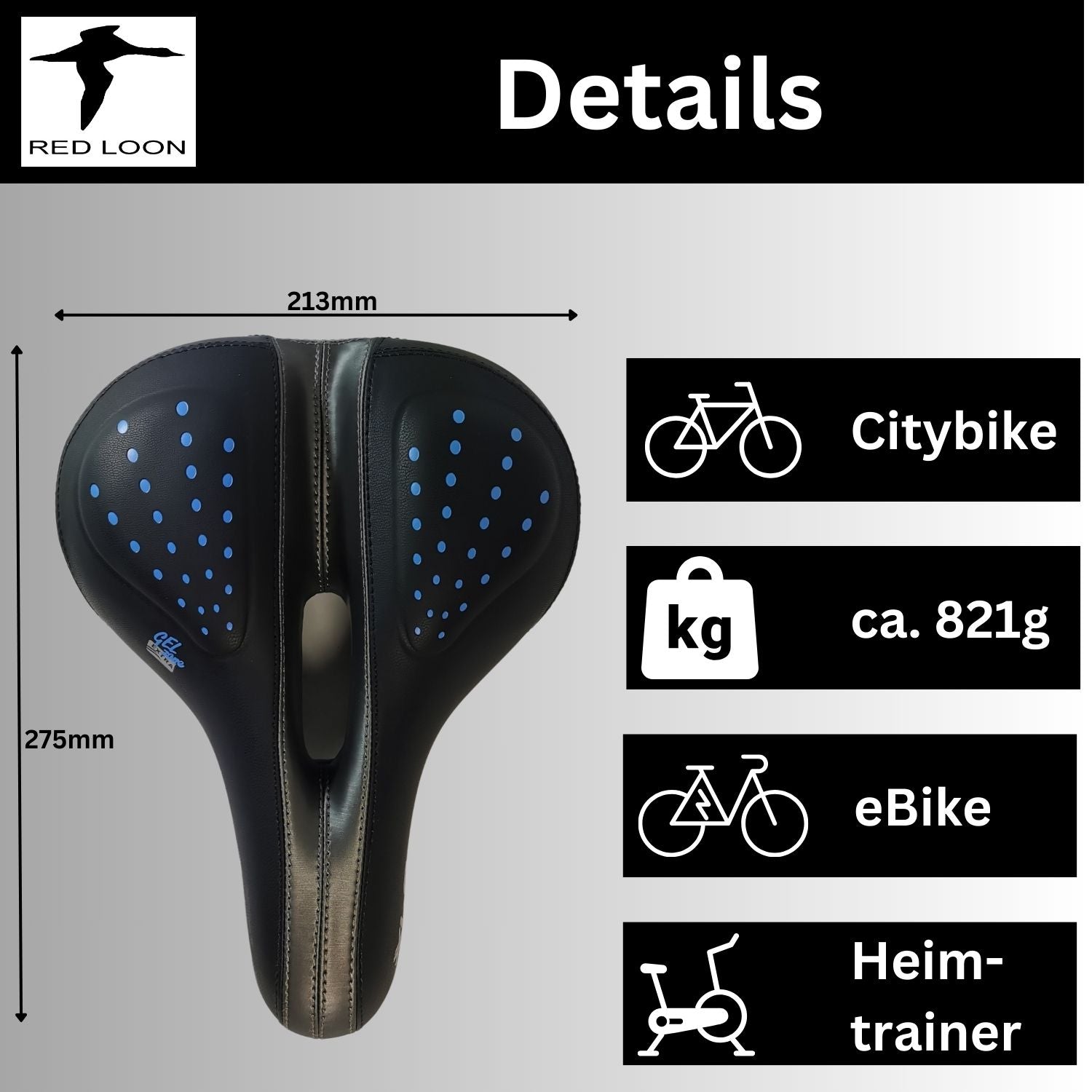 Fahrradsattel Sattel Radsattel Gelsattel - Red Loon Globetrotter - Citybike Gel Fahrradsitz stoßdämpfend - 245x225mm - mit wasserdichter Abdeckung - komfortabel weich bequem - für Herren oder Damen