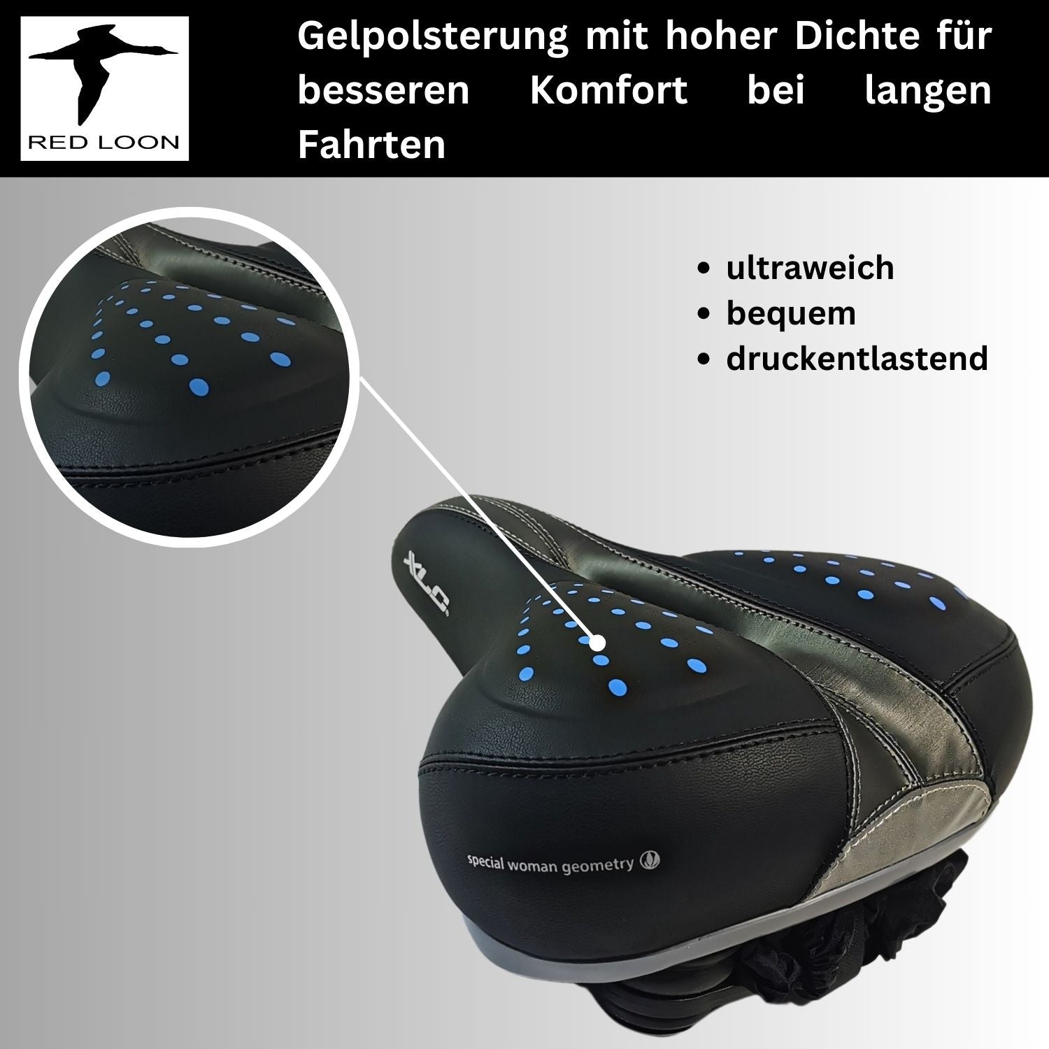 Fahrradsattel Sattel Radsattel Gelsattel - Red Loon Globetrotter - Citybike Gel Fahrradsitz stoßdämpfend - 245x225mm - mit wasserdichter Abdeckung - komfortabel weich bequem - für Herren oder Damen