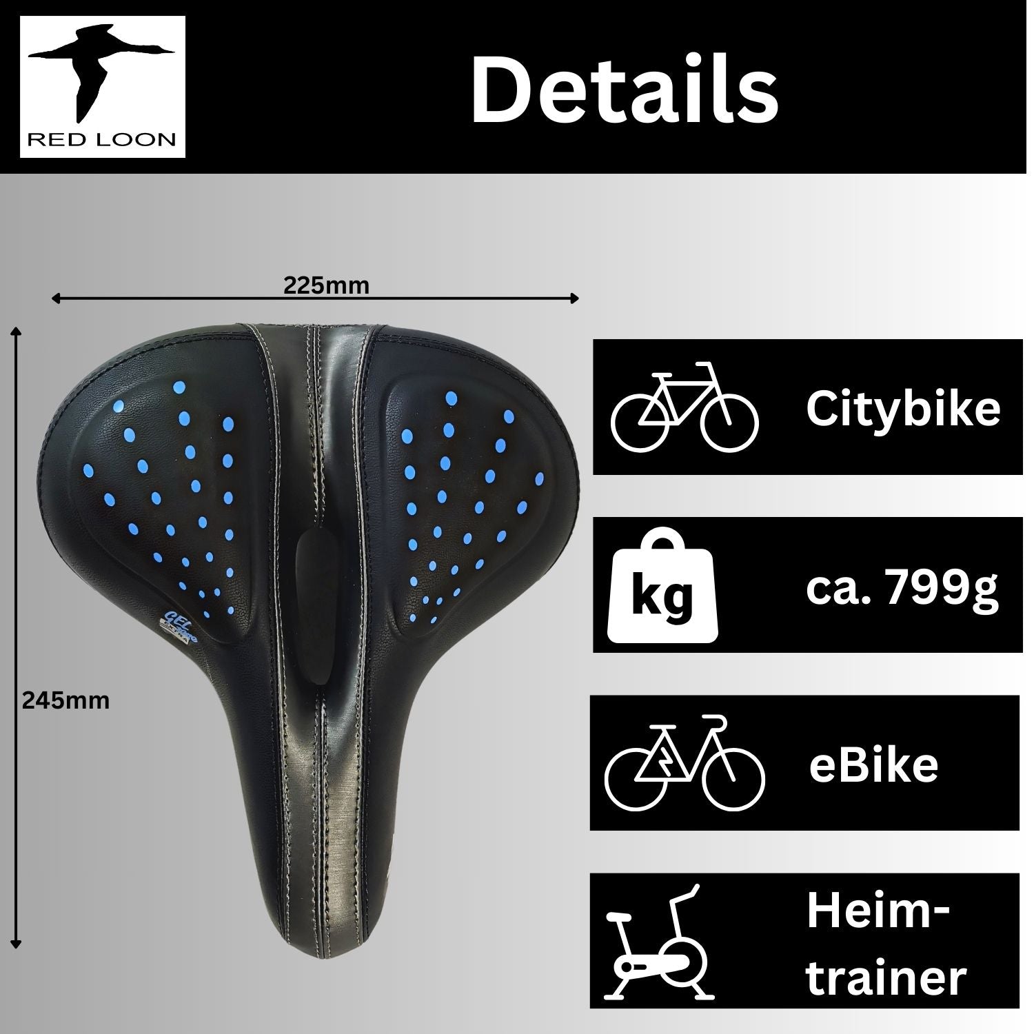 Fahrradsattel Sattel Radsattel Gelsattel - Red Loon Globetrotter - Citybike Gel Fahrradsitz stoßdämpfend - 245x225mm - mit wasserdichter Abdeckung - komfortabel weich bequem - für Herren oder Damen