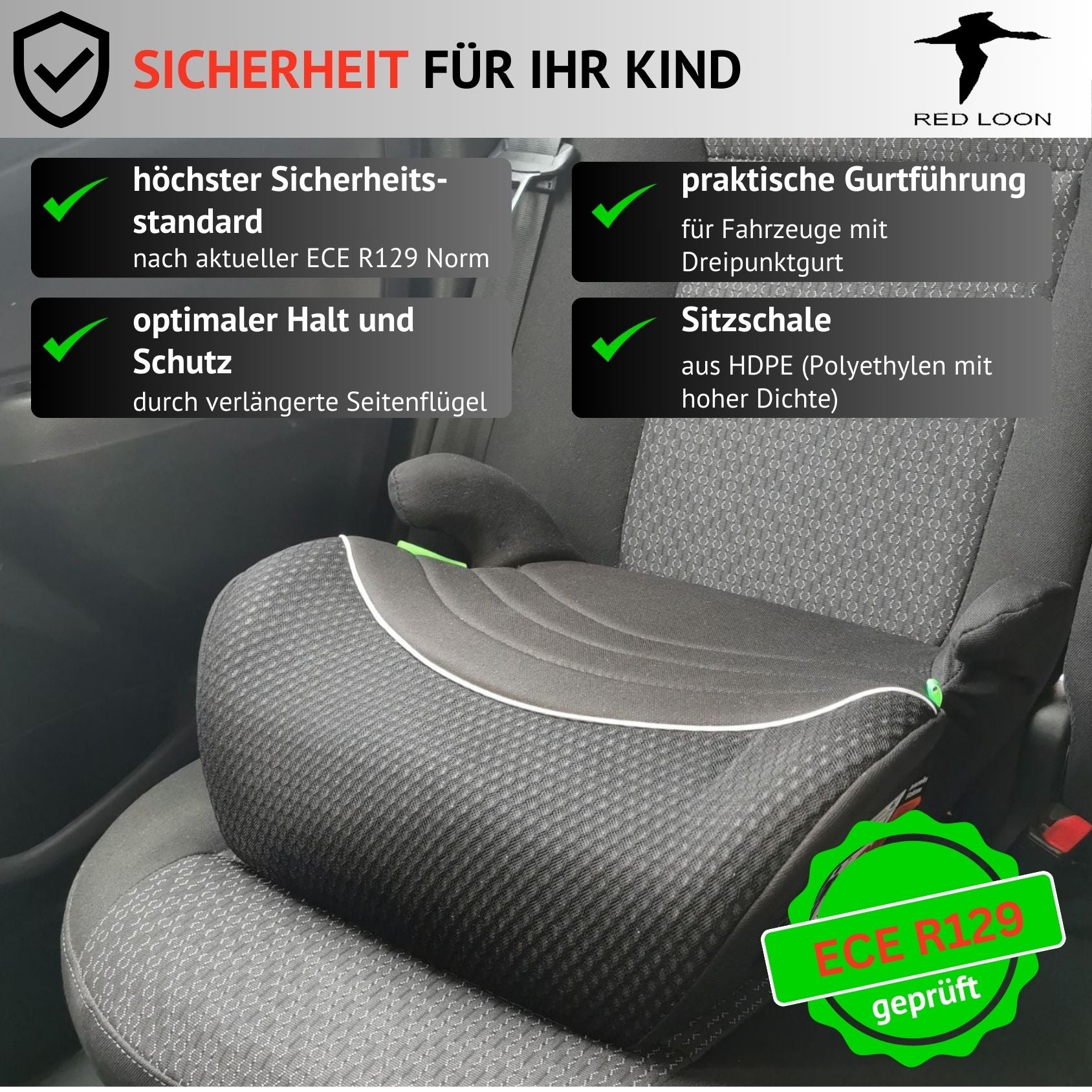 Sitzerhöhung Autokindersitz Kindersitzerhöhung - Red Loon - Kindersitz Autositz 125-150cm - ECE R 129 - komfortabler Kindersitz Auto - Sitzschale universell passend - waschbarer Bezug