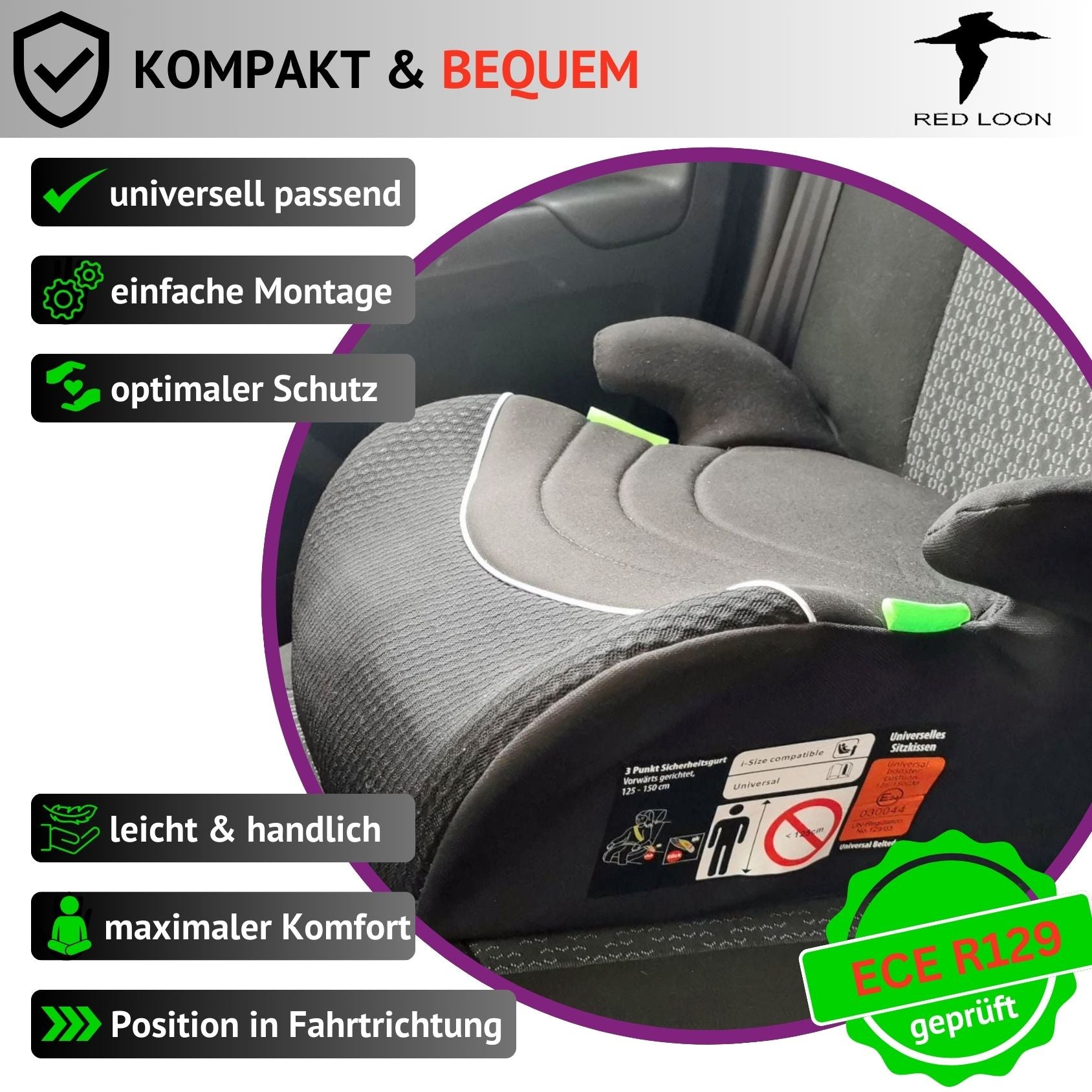 2x Sitzerhöhung Autokindersitz Kindersitzerhöhung - Red Loon - Kindersitz Autositz 125-150cm - ECE R 129 - komfortabler Kindersitz Auto - Sitzschale universell passend - waschbarer Bezug