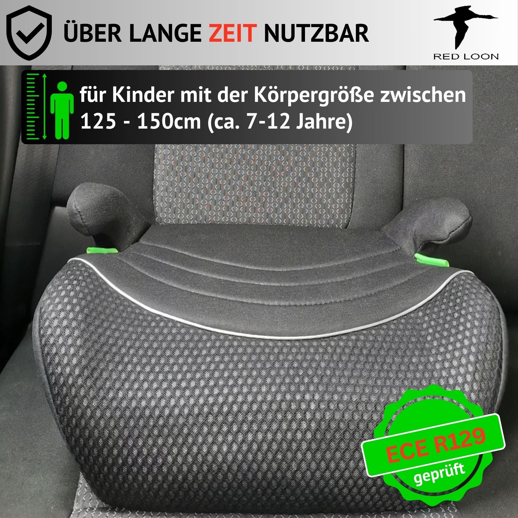 Sitzerhöhung Autokindersitz Kindersitzerhöhung - Red Loon - Kindersitz Autositz 125-150cm - ECE R 129 - komfortabler Kindersitz Auto - Sitzschale universell passend - waschbarer Bezug