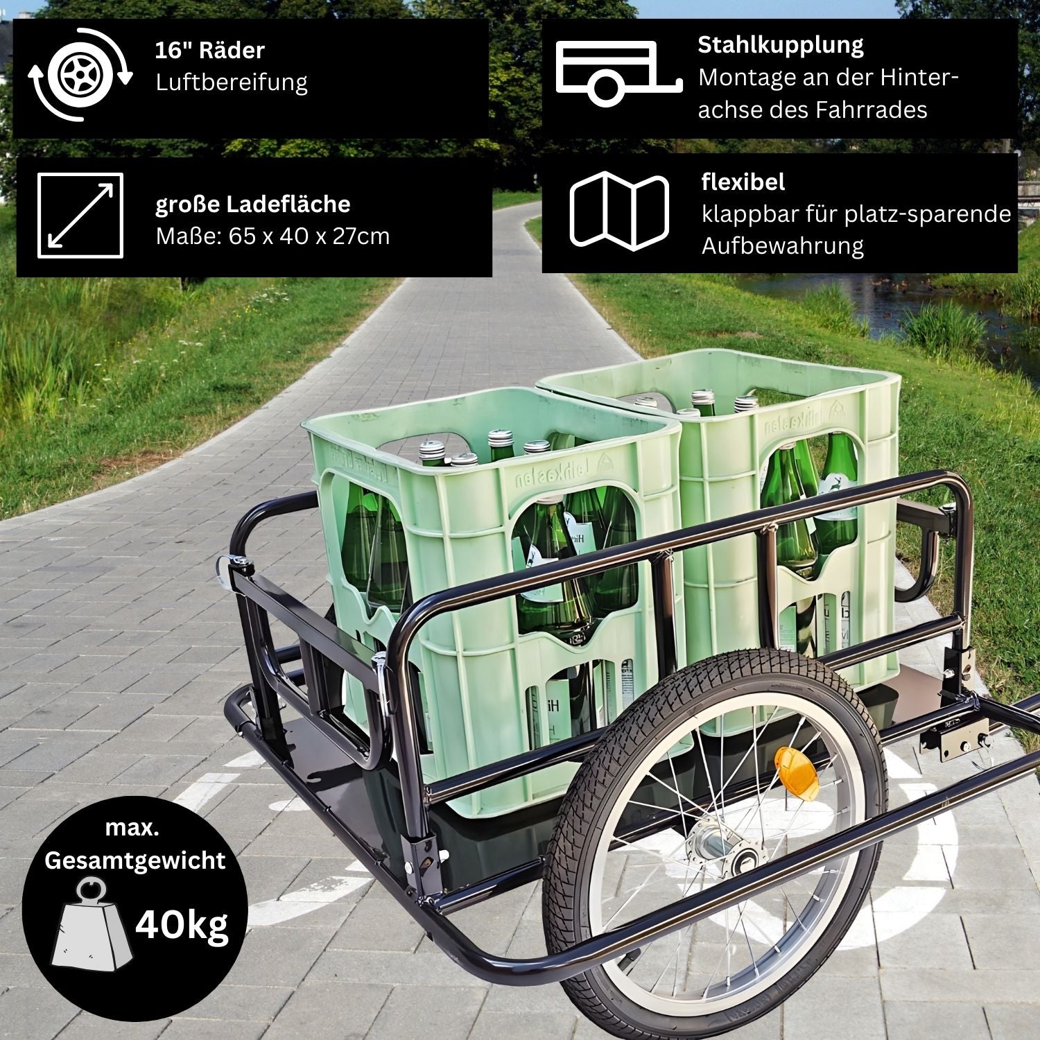 Fahrradanhänger Lastenanhänger - Transportwagen Red Loon BAC403 - Fahrrad Anhänger klappbar - Transportanhänger Cargoanhänger - 16" Luftbereifung - max. 40kg