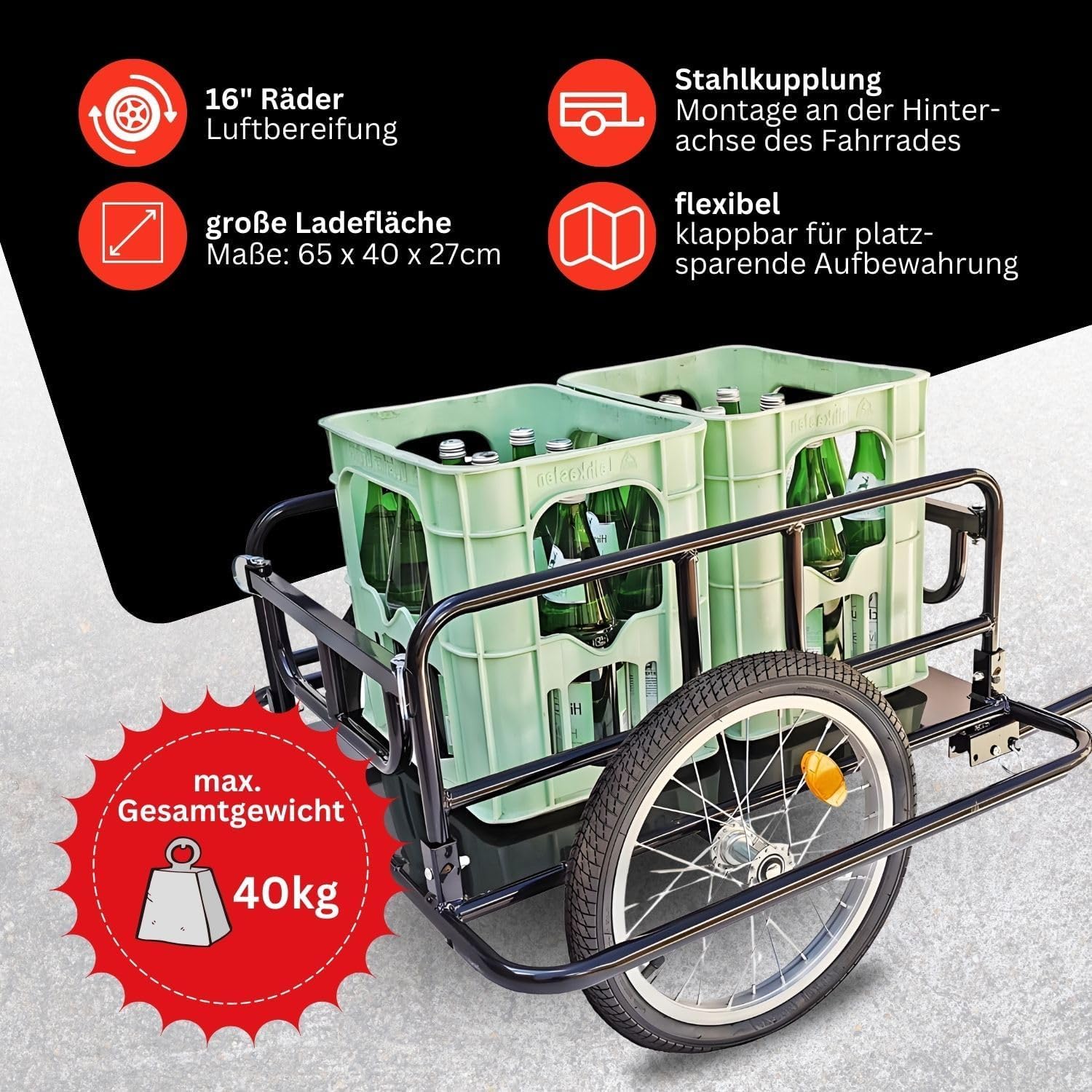 Fahrradanhänger Lastenanhänger - Transportwagen Red Loon BAC403 - Fahrrad Anhänger klappbar - Transportanhänger Cargoanhänger - 16" Luftbereifung - max. 40kg