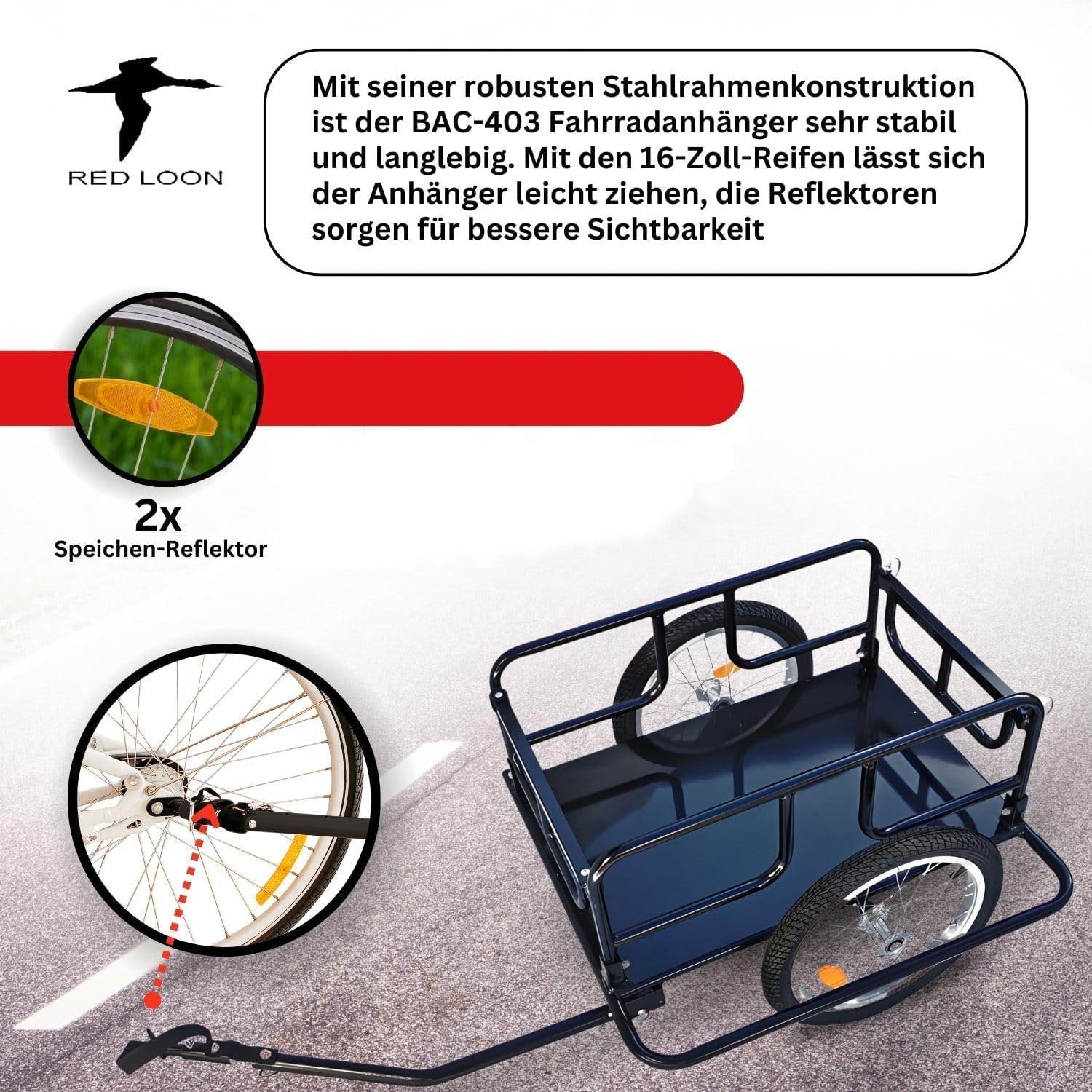 Fahrradanhänger Lastenanhänger - Transportwagen Red Loon BAC403 - Fahrrad Anhänger klappbar - Transportanhänger Cargoanhänger - 16" Luftbereifung - max. 40kg