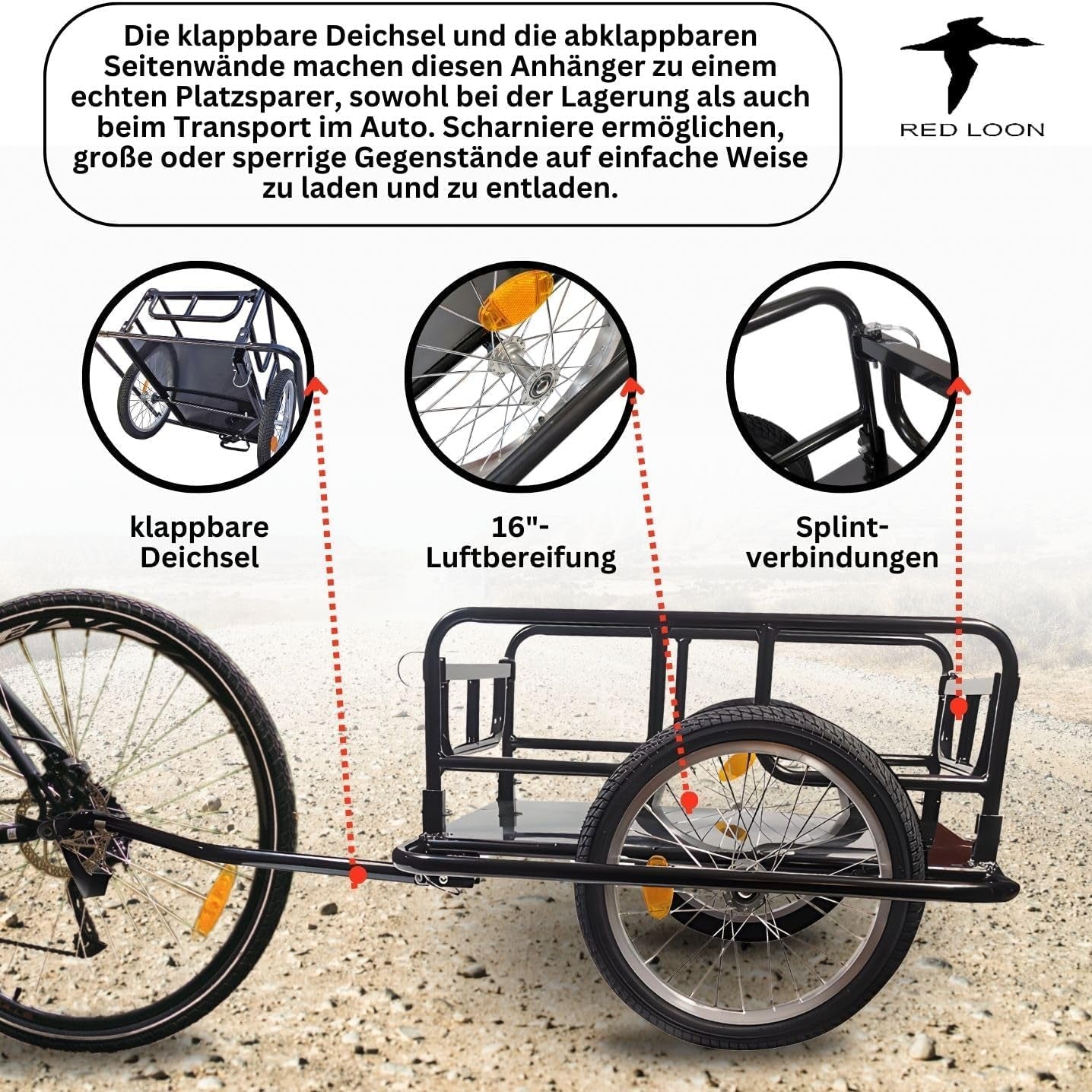 Fahrradanhänger Lastenanhänger - Transportwagen Red Loon BAC403 - Fahrrad Anhänger klappbar - Transportanhänger Cargoanhänger - 16" Luftbereifung - max. 40kg