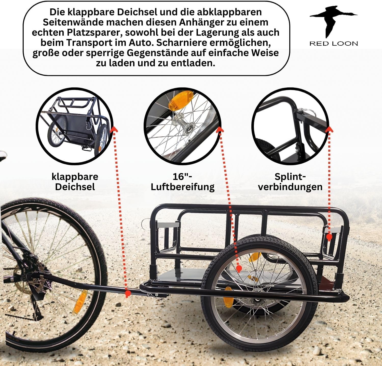 Fahrradanhänger Lastenanhänger - Transportwagen Red Loon BAC403 - Fahrrad Anhänger klappbar - Transportanhänger Cargoanhänger - 16" Luftbereifung - max. 40kg