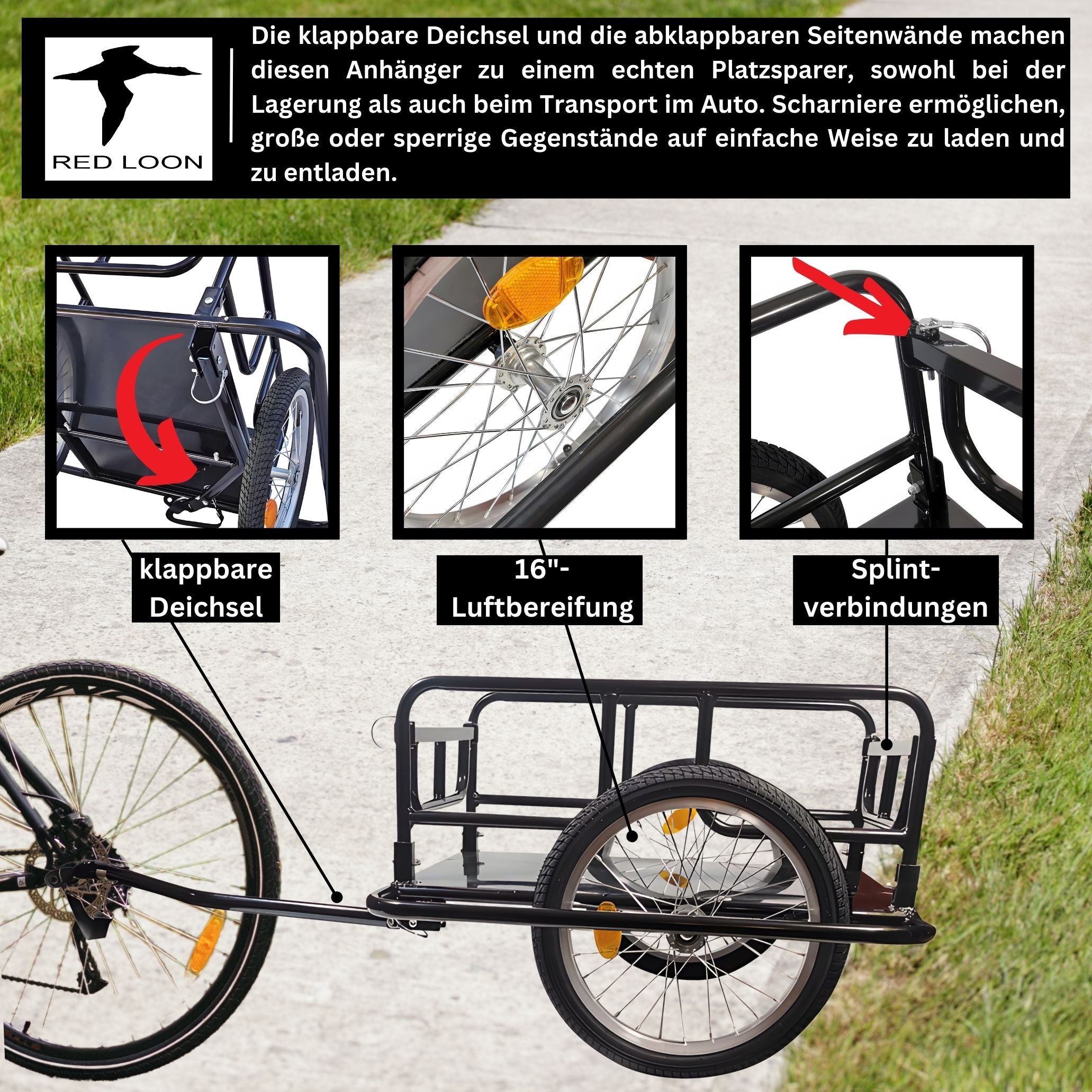 Fahrradanhänger Lastenanhänger - Transportwagen Red Loon BAC403 - Fahrrad Anhänger klappbar - Transportanhänger Cargoanhänger - 16" Luftbereifung - max. 40kg