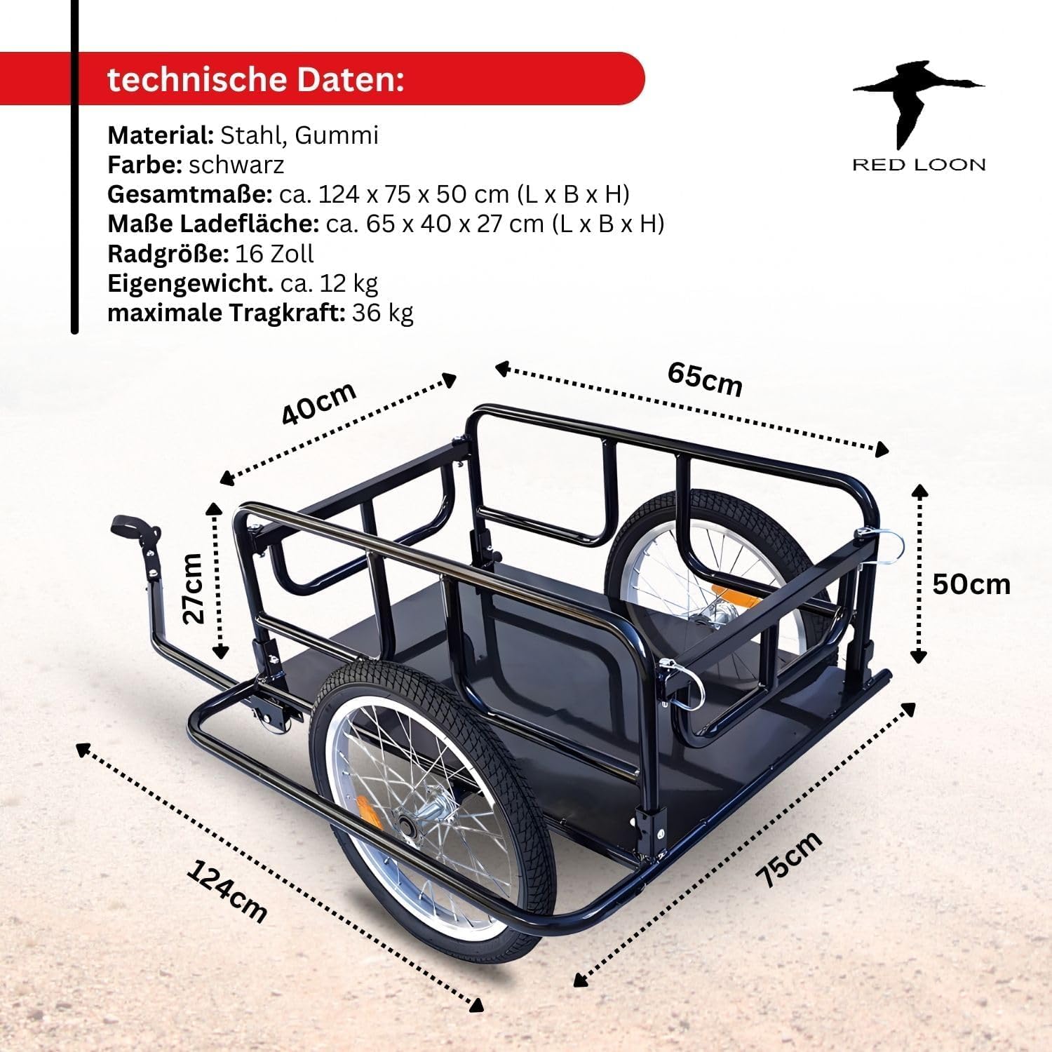 Fahrradanhänger Lastenanhänger - Transportwagen Red Loon BAC403 - Fahrrad Anhänger klappbar - Transportanhänger Cargoanhänger - 16" Luftbereifung - max. 40kg