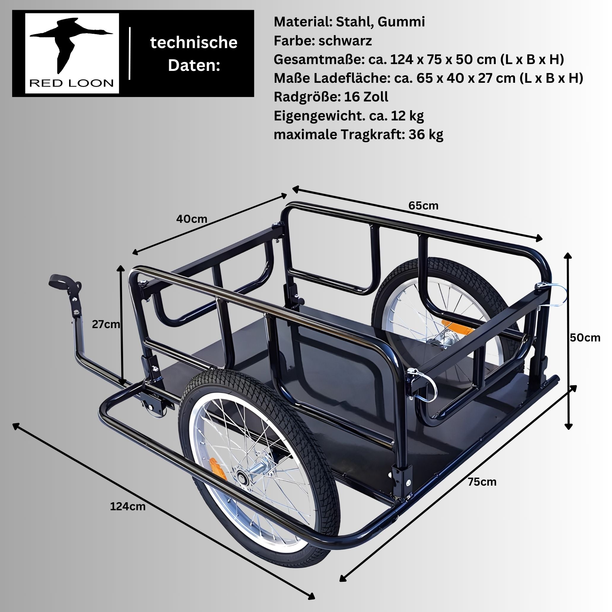Fahrradanhänger Lastenanhänger - Transportwagen Red Loon BAC403 - Fahrrad Anhänger klappbar - Transportanhänger Cargoanhänger - 16" Luftbereifung - max. 40kg