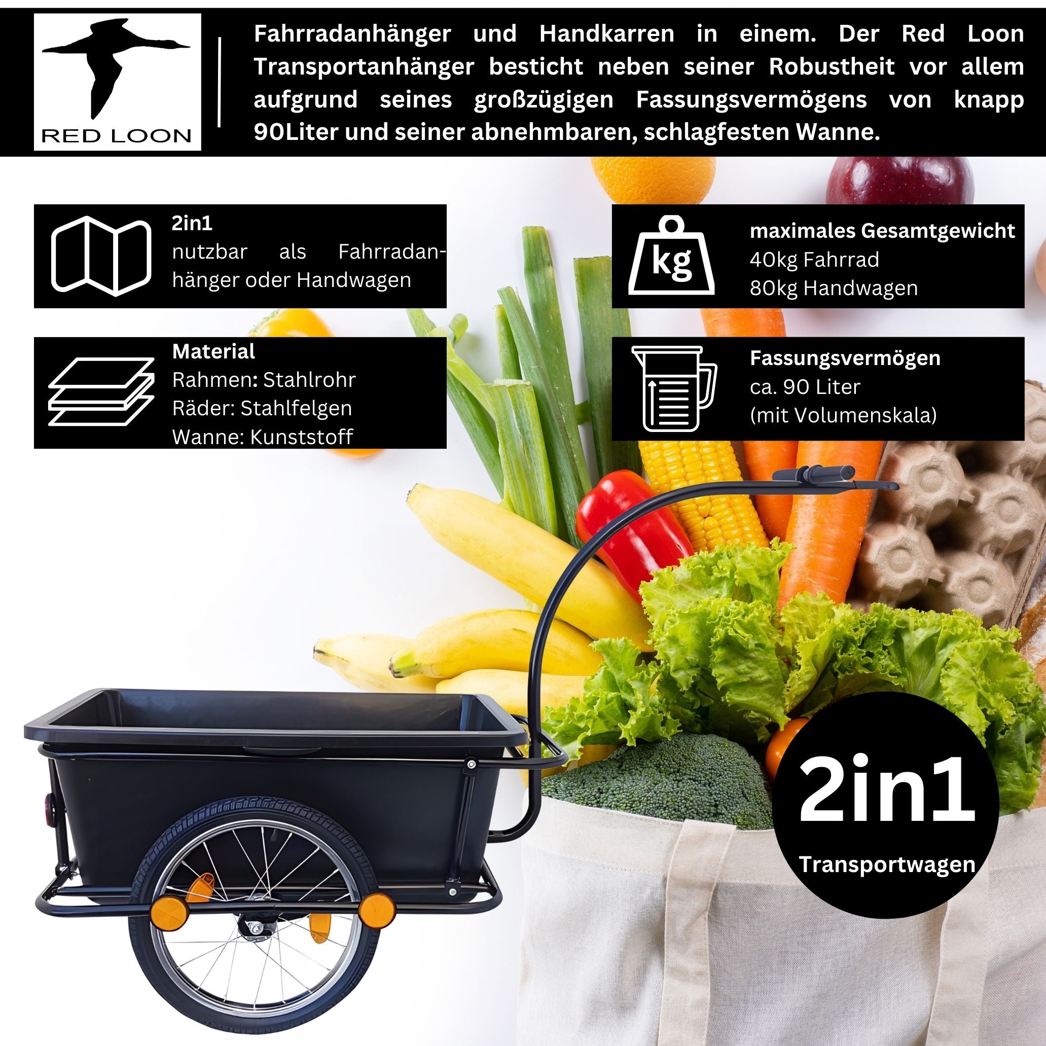2in1 Fahrradanhänger Lastenanhänger Transportwagen Handwagen - Red Loon Transportanhänger BAC409 - abnehmbare 90 Liter Wanne - max. 80kg - Anhänger für 26-28" Fahrräder - Bollerwagen Handkarren