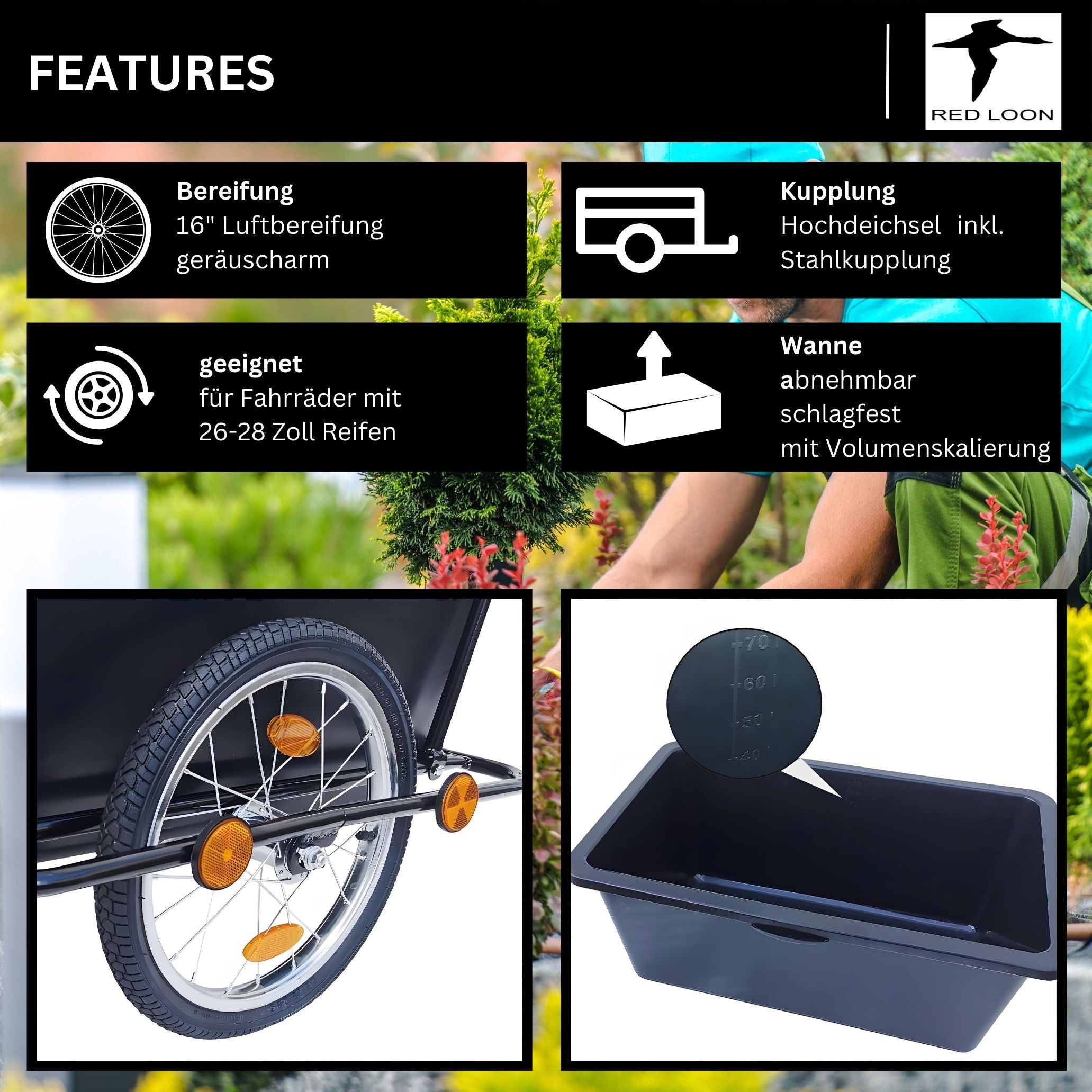 2in1 Fahrradanhänger Lastenanhänger Transportwagen Handwagen - Red Loon Transportanhänger BAC409 - abnehmbare 90 Liter Wanne - max. 80kg - Anhänger für 26-28" Fahrräder - Bollerwagen Handkarren