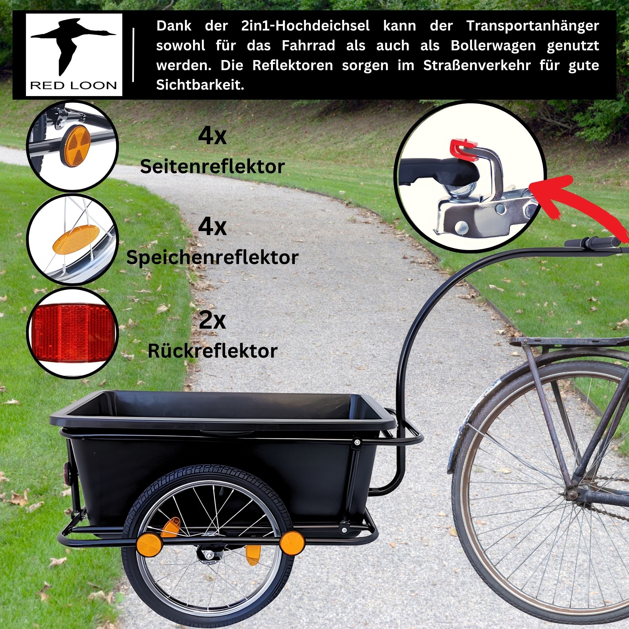 2in1 Fahrradanhänger Lastenanhänger Transportwagen Handwagen - Red Loon Transportanhänger BAC409 - abnehmbare 90 Liter Wanne - max. 80kg - Anhänger für 26-28" Fahrräder - Bollerwagen Handkarren
