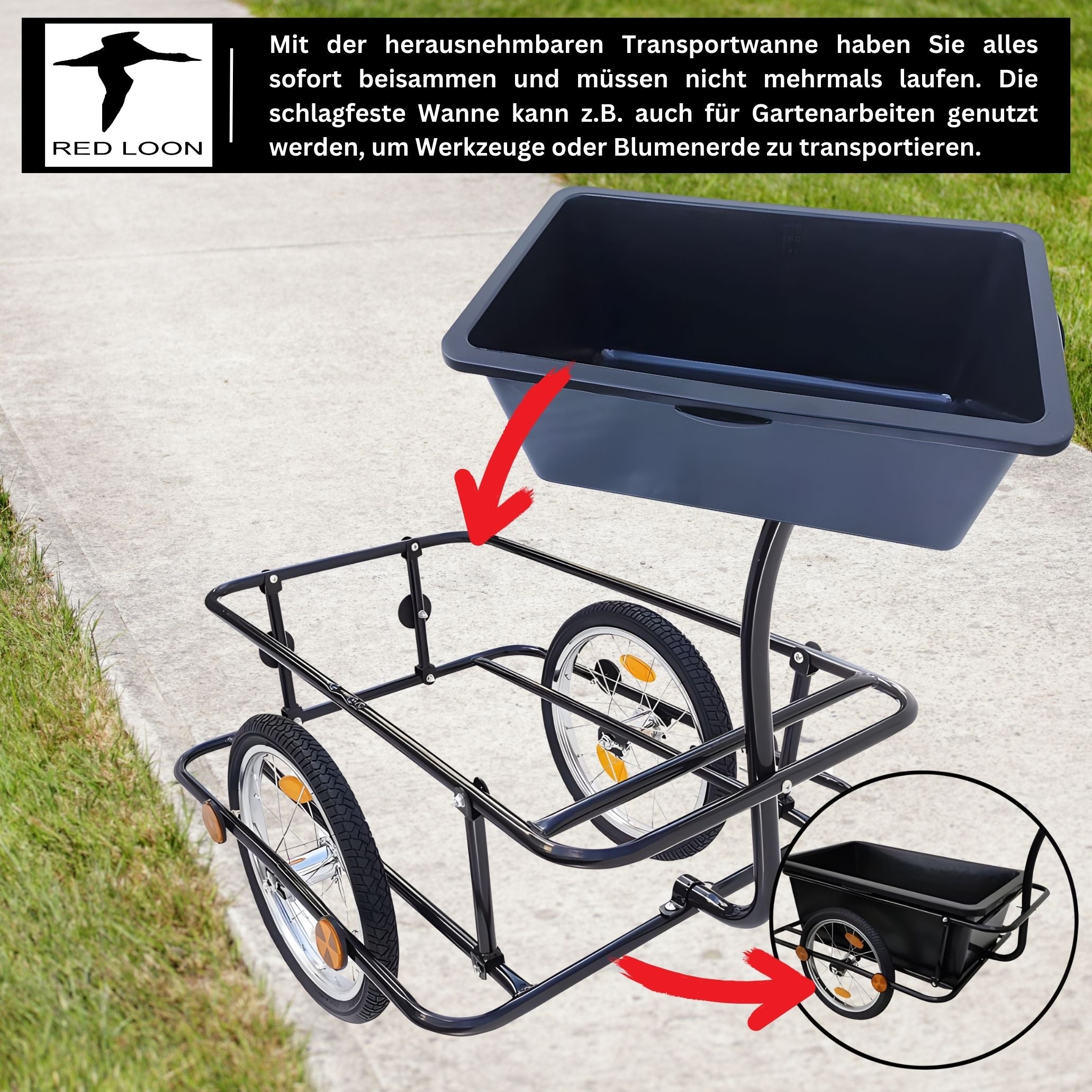 2in1 Fahrradanhänger Lastenanhänger Transportwagen Handwagen - Red Loon Transportanhänger BAC409 - abnehmbare 90 Liter Wanne - max. 80kg - Anhänger für 26-28" Fahrräder - Bollerwagen Handkarren