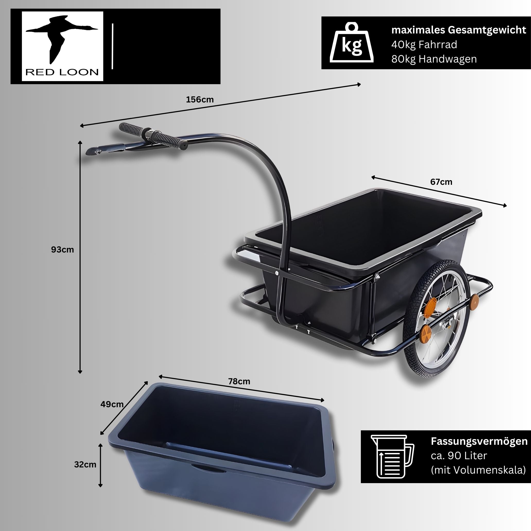 2in1 Fahrradanhänger Lastenanhänger Transportwagen Handwagen - Red Loon Transportanhänger BAC409 - abnehmbare 90 Liter Wanne - max. 80kg - Anhänger für 26-28" Fahrräder - Bollerwagen Handkarren