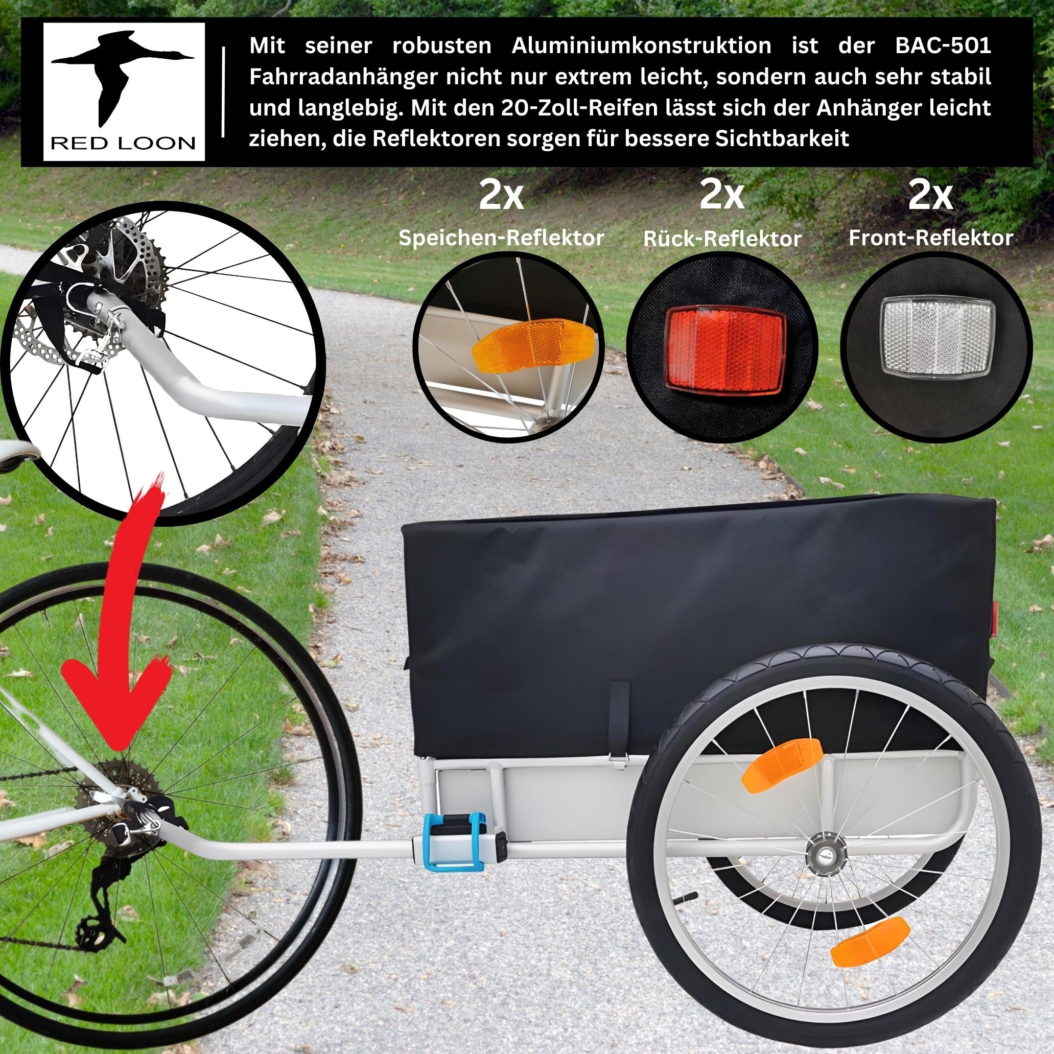 Fahrradanhänger Lastenanhänger Transportanhänger - Red Loon BAC501 Aluminium - extrem leicht - 140 Liter - 20" Luftbereifung - für 26-29" Fahrräder - Fahrradlastenanhänger Gepäckanhänger Cargoanhänger