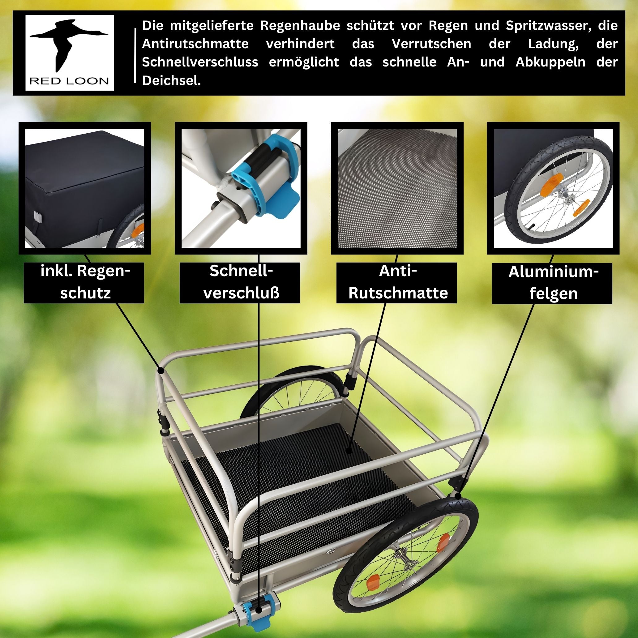 Fahrradanhänger Lastenanhänger Transportanhänger - Red Loon BAC501 Aluminium - extrem leicht - 140 Liter - 20" Luftbereifung - für 26-29" Fahrräder - Fahrradlastenanhänger Gepäckanhänger Cargoanhänger