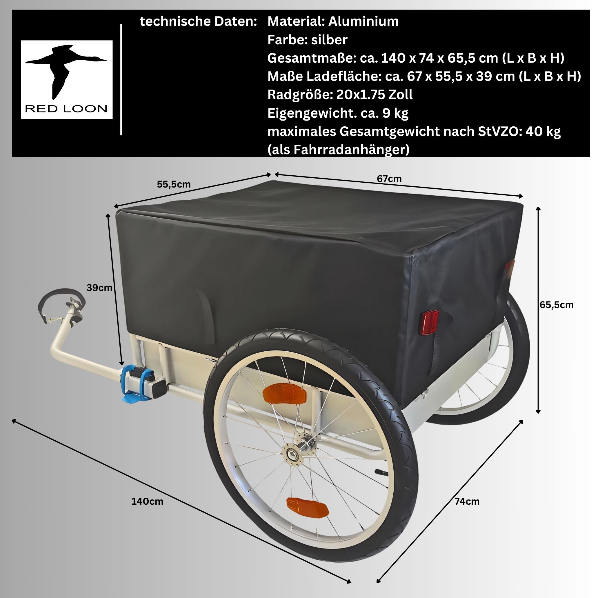 Fahrradanhänger Lastenanhänger Transportanhänger - Red Loon BAC501 Aluminium - extrem leicht - 140 Liter - 20" Luftbereifung - für 26-29" Fahrräder - Fahrradlastenanhänger Gepäckanhänger Cargoanhänger