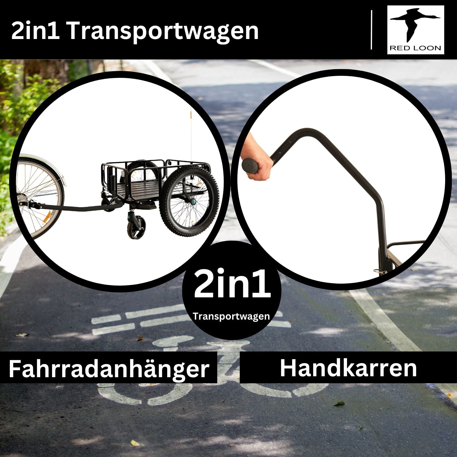 2in1 Fahrradanhänger Lastenanhänger Handwagen mit Kupplung - Red Loon Aluminium Transportanhänger BAC502 - 100 Liter - extra breite 20" Luftbereifung - max. 60kg für 26-28" Fahrräder - Bollerwagen Handkarren
