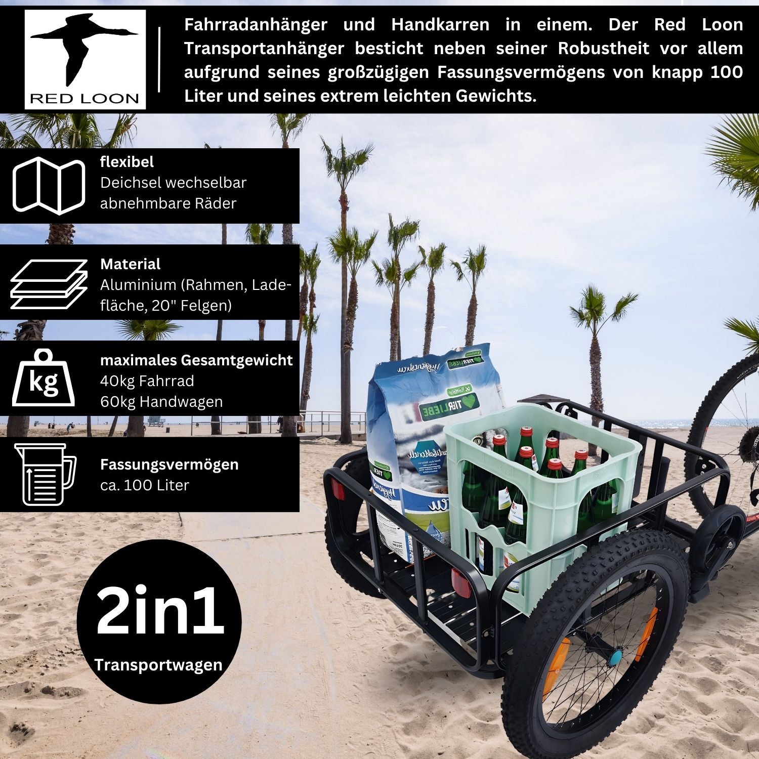 2in1 Fahrradanhänger Lastenanhänger Handwagen mit Kupplung - Red Loon Aluminium Transportanhänger BAC502 - 100 Liter - extra breite 20" Luftbereifung - max. 60kg für 26-28" Fahrräder - Bollerwagen Handkarren