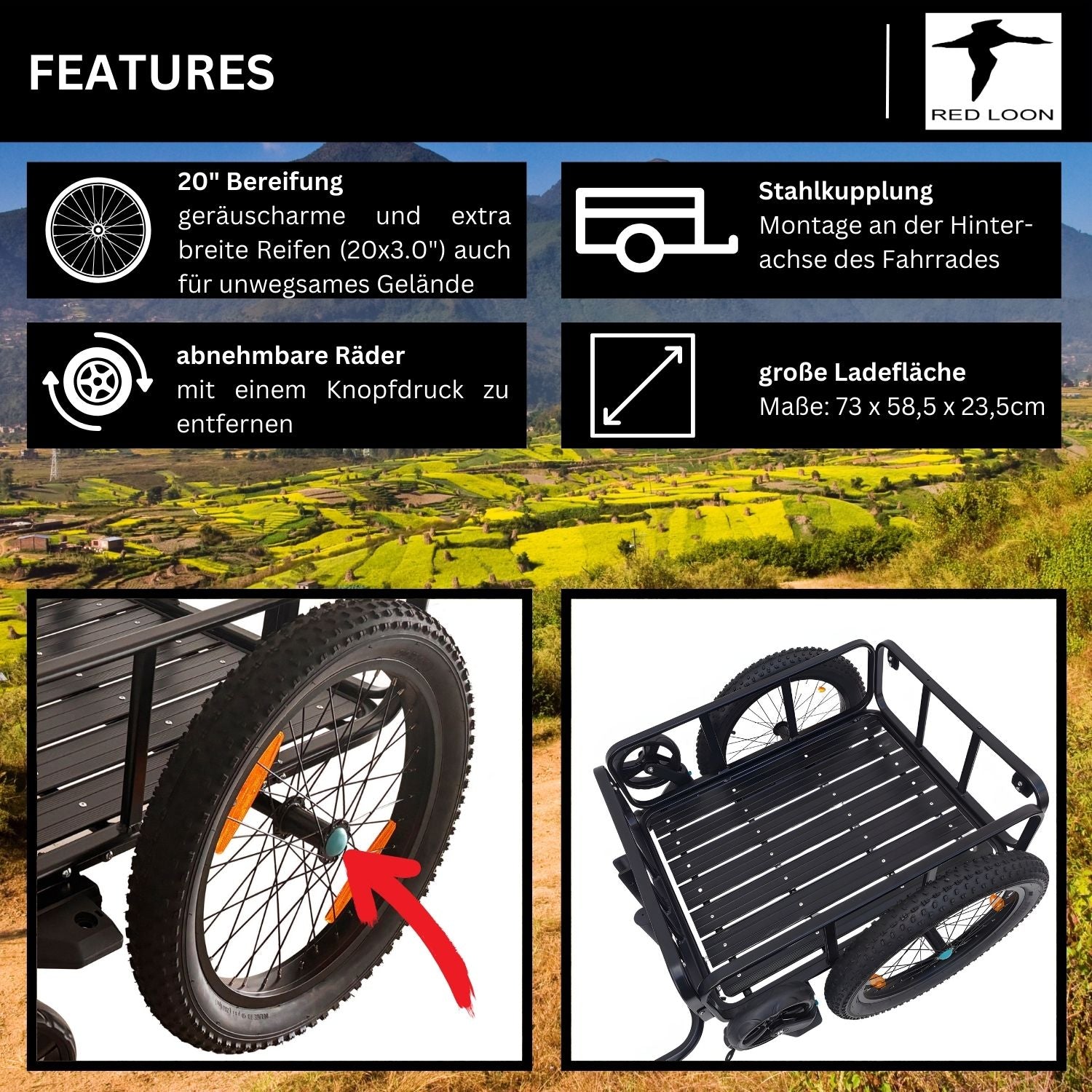 2in1 Fahrradanhänger Lastenanhänger Handwagen mit Kupplung - Red Loon Aluminium Transportanhänger BAC502 - 100 Liter - extra breite 20" Luftbereifung - max. 60kg für 26-28" Fahrräder - Bollerwagen Handkarren